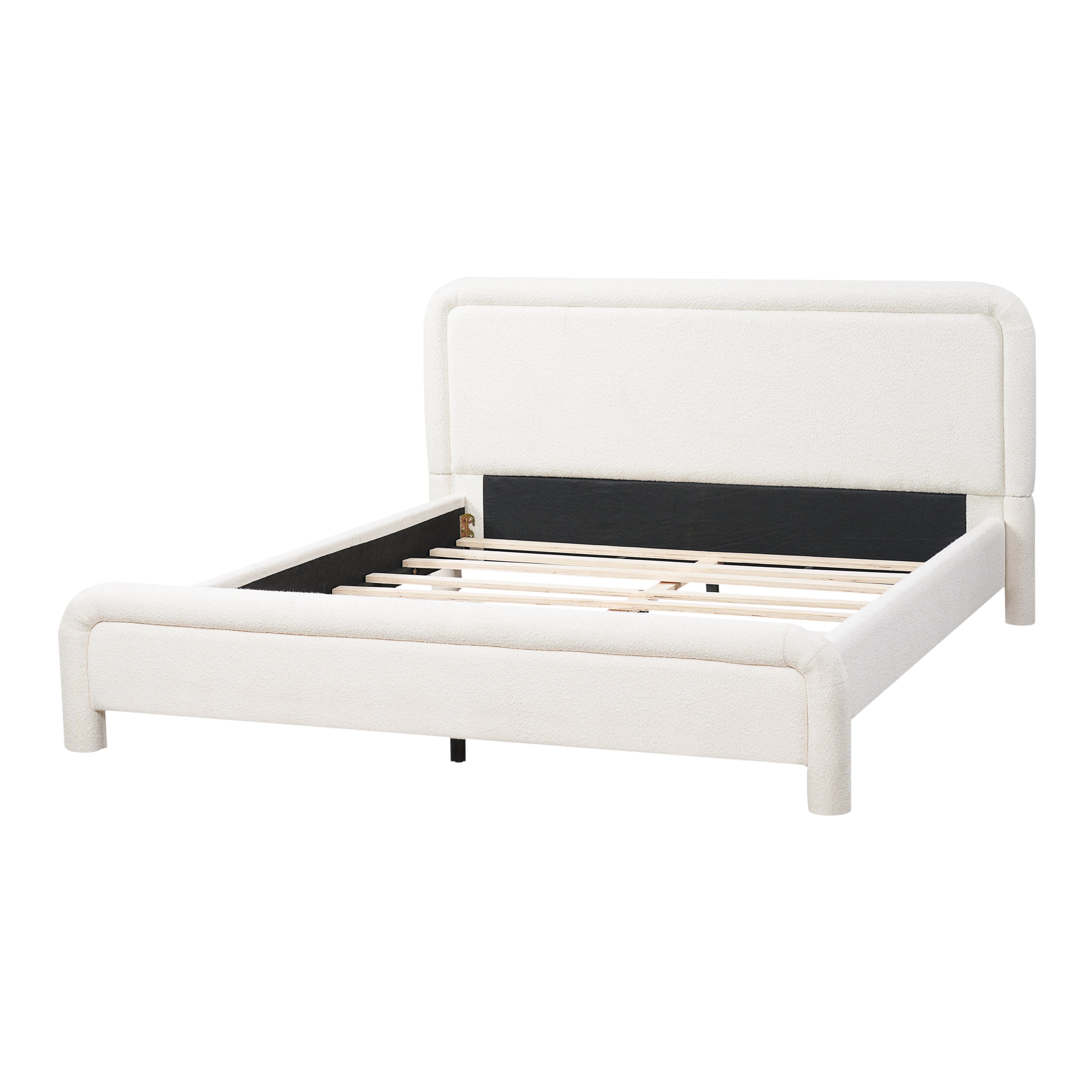 Modern White Boucle Upholstered Queen Platform Bed Frame with Curved Headboard, Wood Slats Support, No Box Spring Needed, Easy Assembly