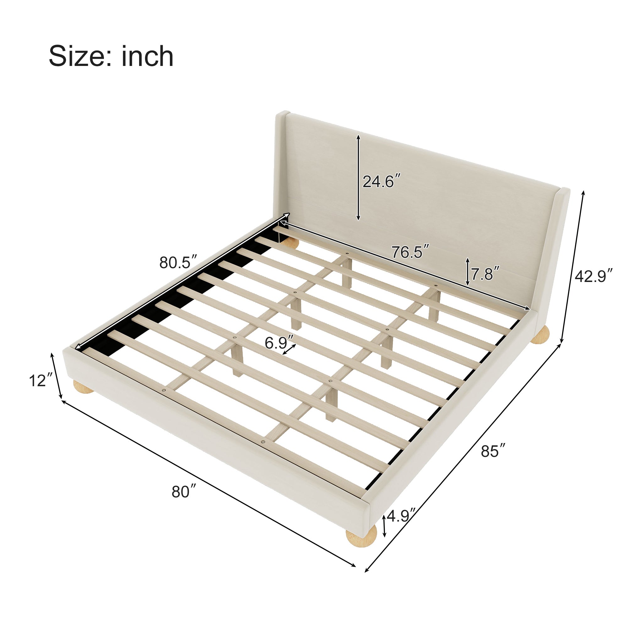 Modern Velvet Upholstered Platform Bed with Wingback Headboard and Round Wooden Legs, Cream,King Size
