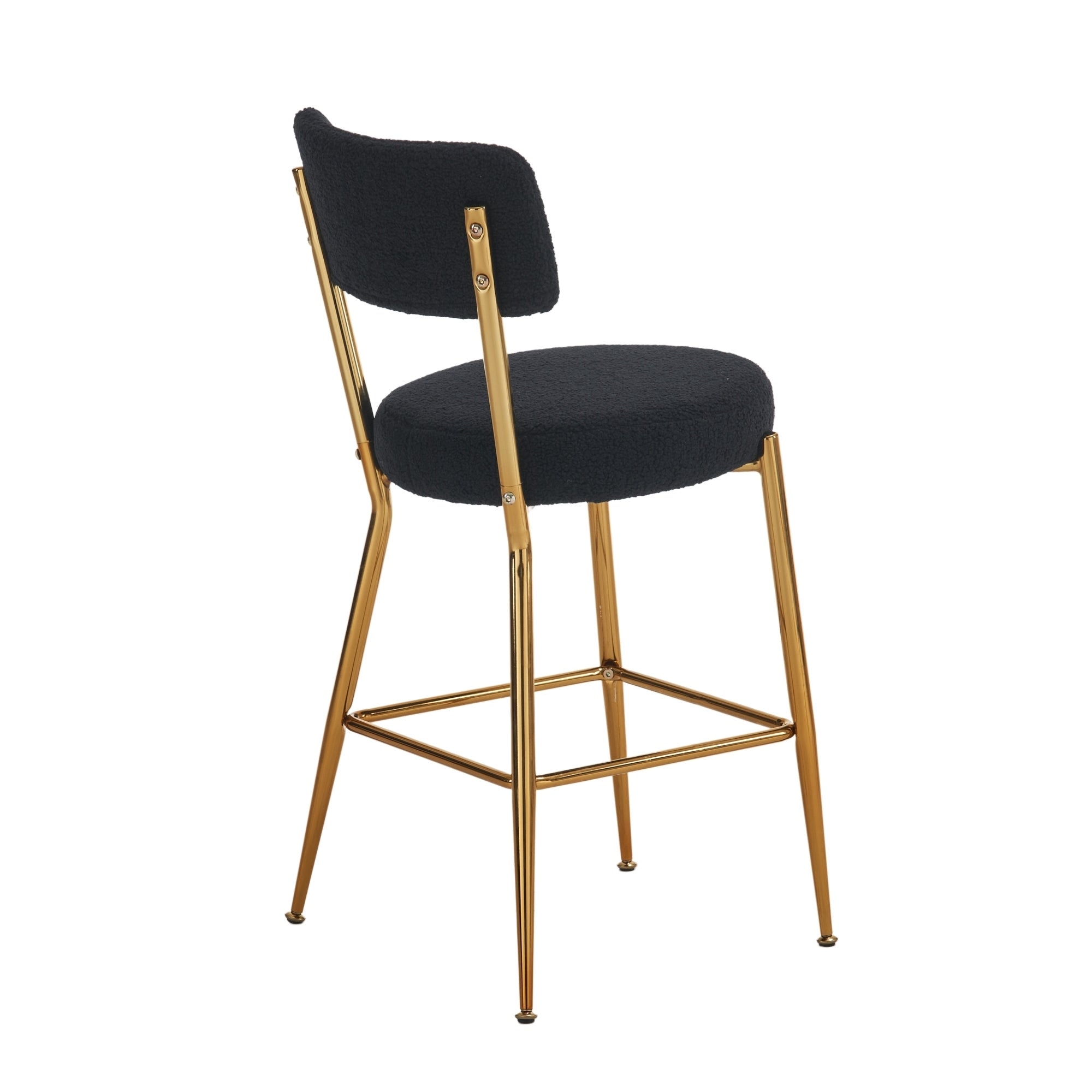Set of 2 modern teddy fabric upholstered bar stools - Metal base high stool - Suitable for kitchen, dining and living room - Black - Stylish and comfortable island seating