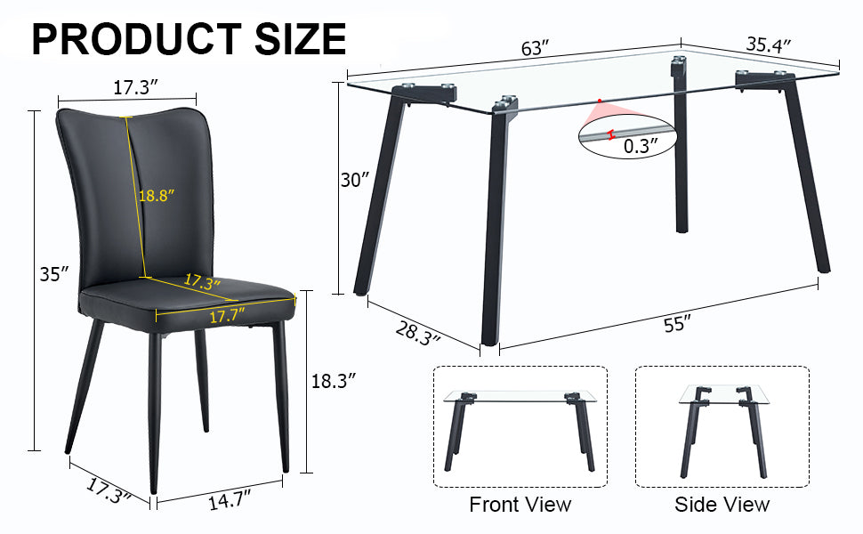 Table and chair set. 1 table and 6 black chairs. Glass dining table with 0.31-inch tempered glass tabletop and black coated metal legs. Equipped with black PU chairs 1123 008