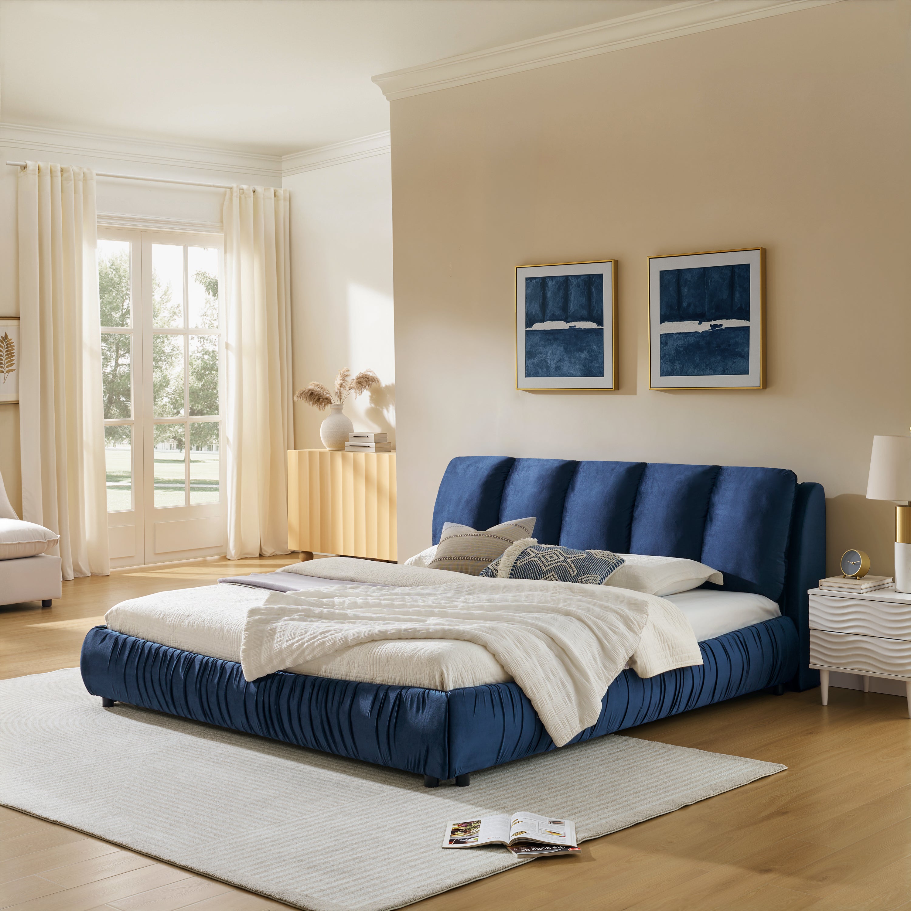 King Size Upholstered Bed Frame, Modern Minimalist Style with Segmented Plump Compressed Sponge Headboard, Shiny velvet & Sturdy Leg Support, Mattress Not Included-Dark Blue