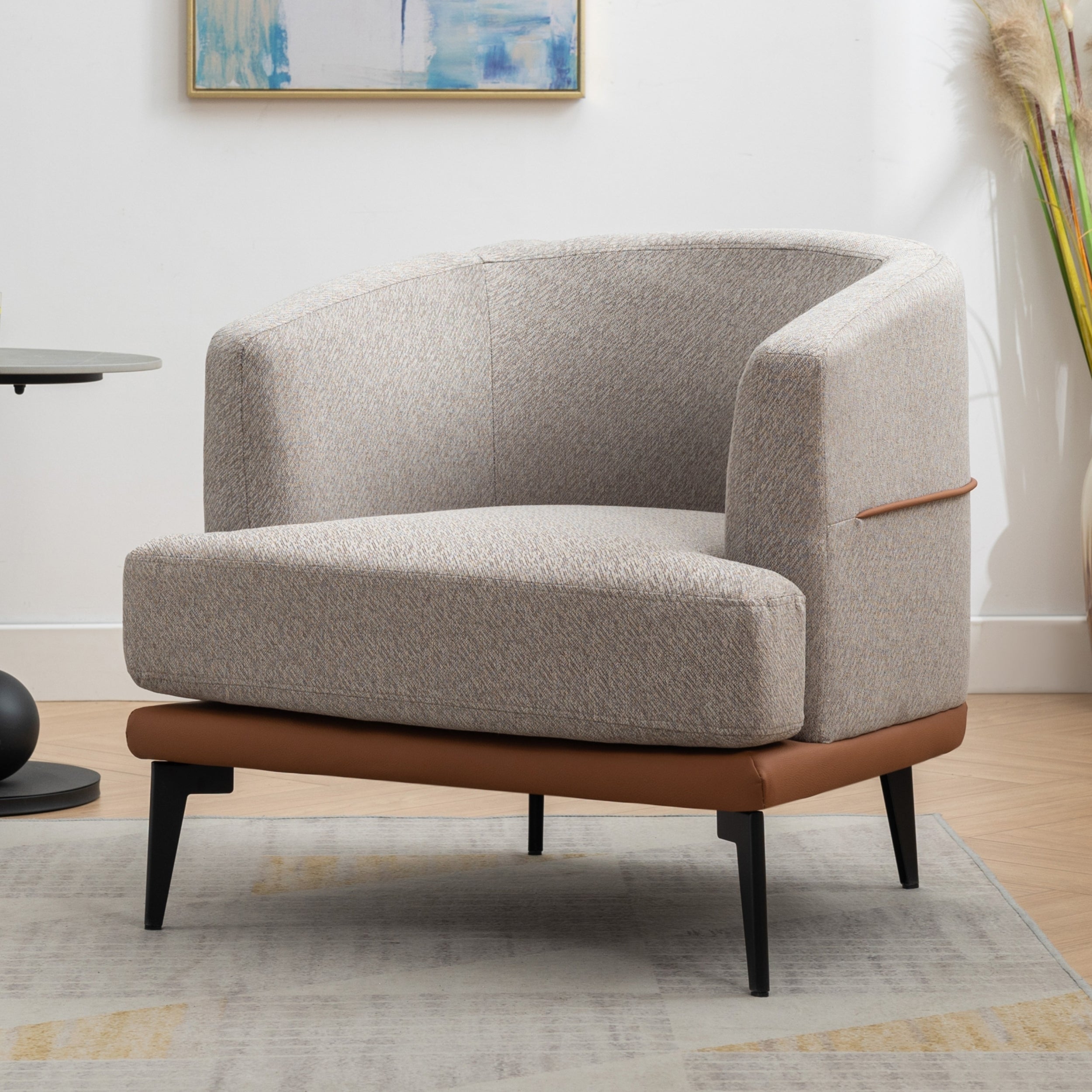 Modern Two-tone Barrel Fabric Chair Upholstered Round Armchair Burnt Orange Linen
