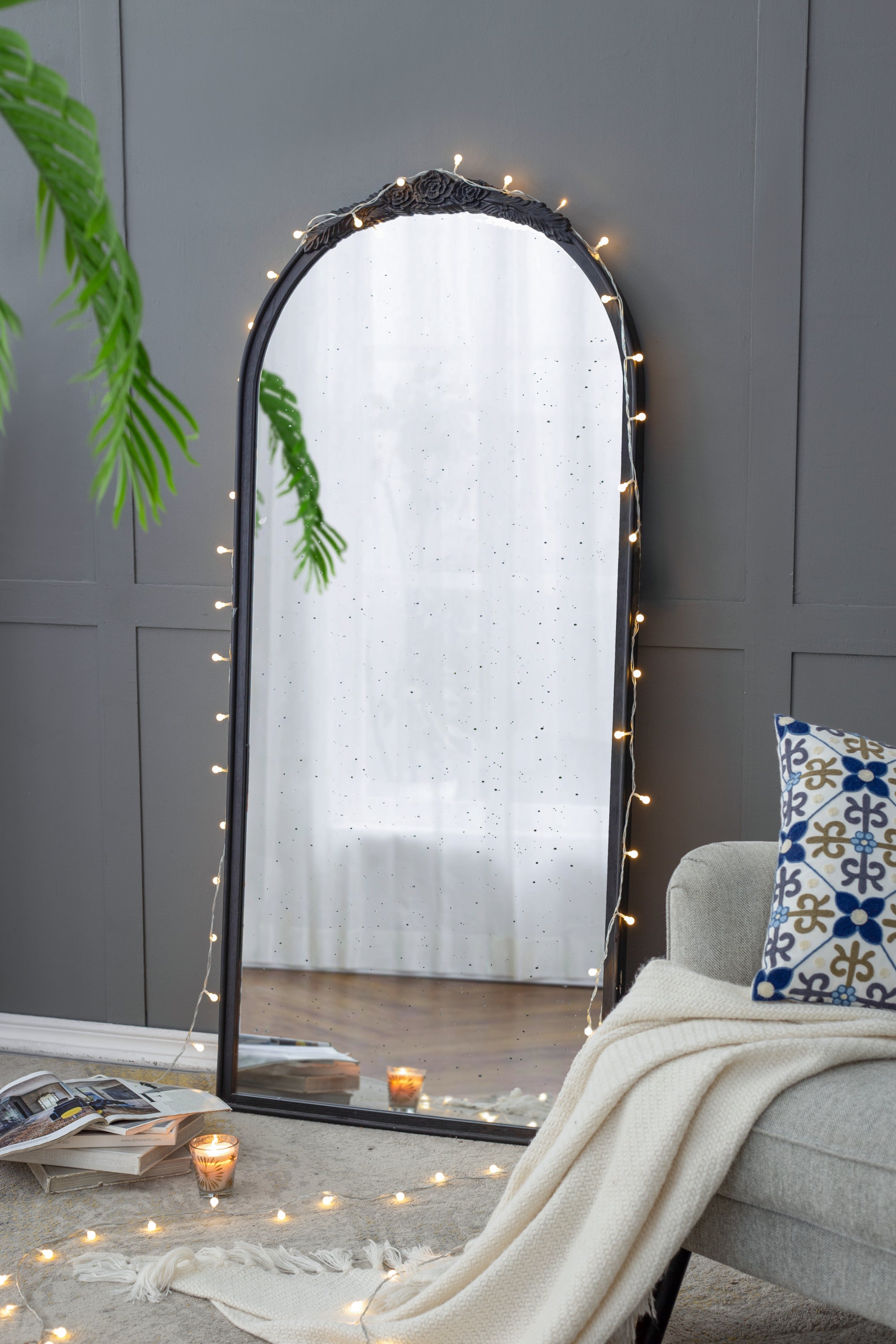 30" x 65"  Hand Carved Rose Antique Mirror Frame, Large Arch Mirror Wall Decor for Living Room, Bathroom, Entryway(Black)