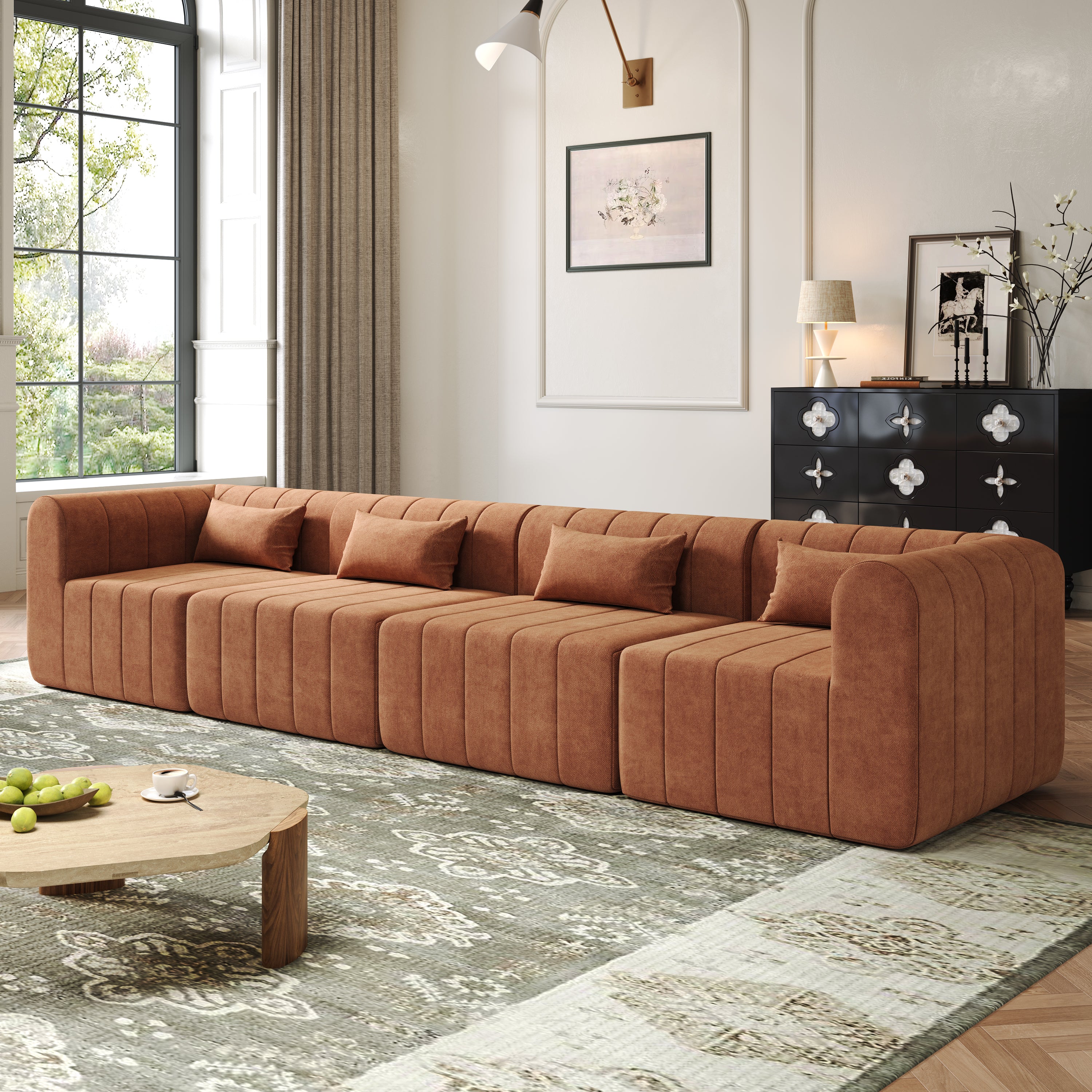 145.5 Inch Modular Full-Compressed Sectional Sofa, Orange Polyester Upholstered Modular Sofa with 4 Pieces, Compressed Sponge Modular Couch for Living Room