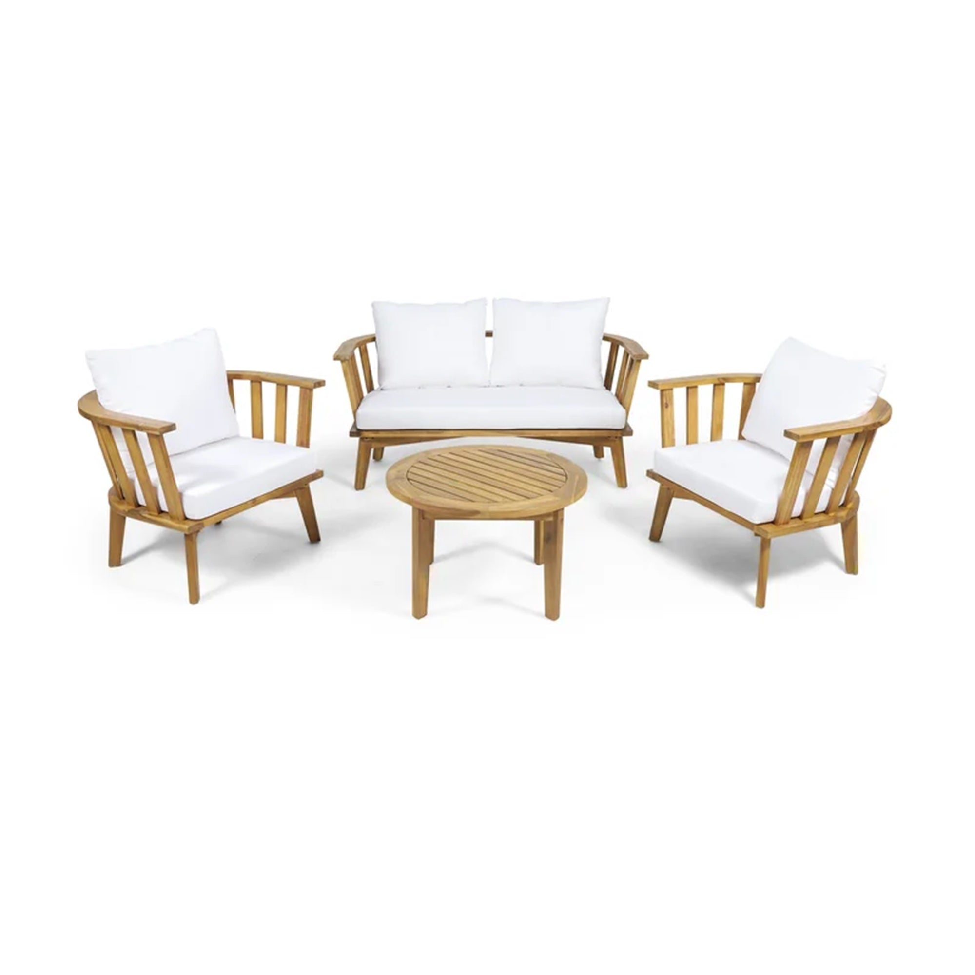 4-Pieces Acacia Wood Patio Furniture Set, Outdoor Furniture with Coffee Table, Patio Conversation Set Deep Seating with Soft Cushion, Porch Chairs for Backyard Porch Balcony, Teak Finish, White