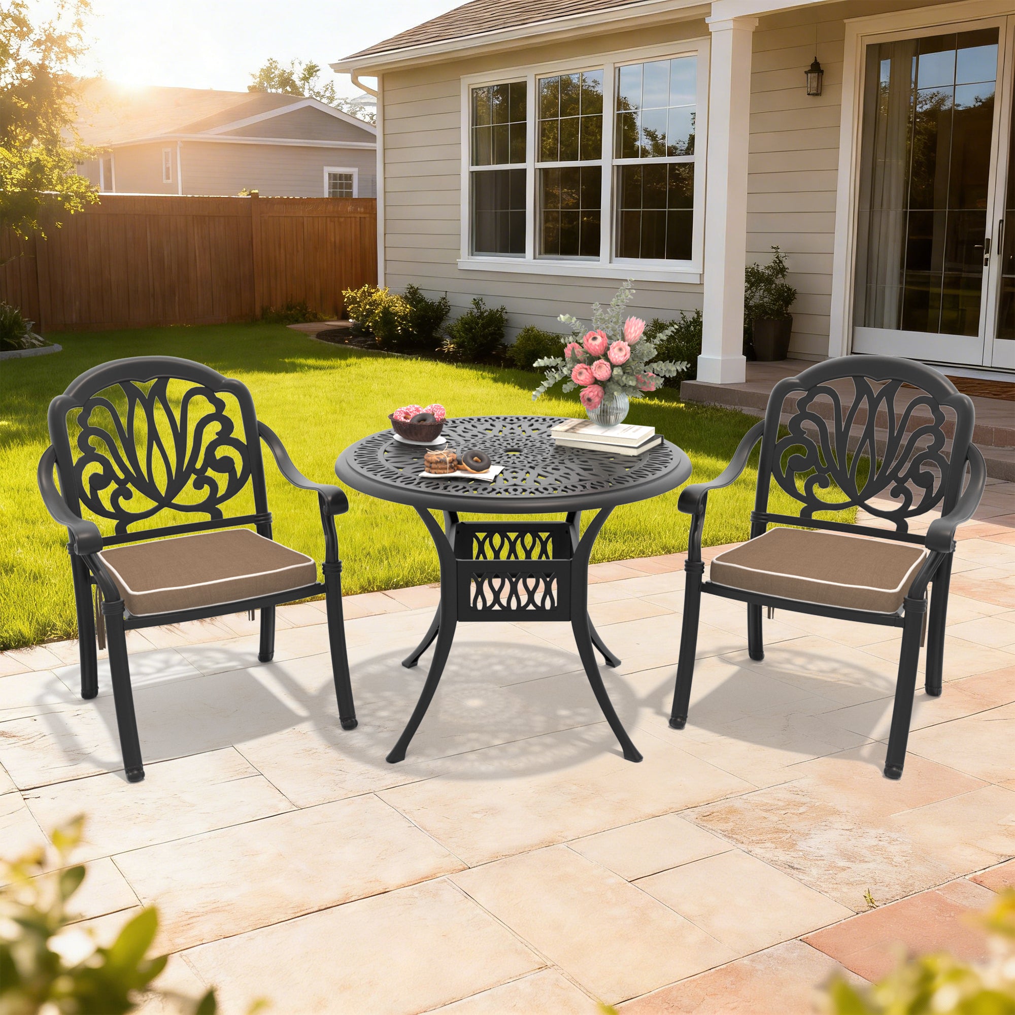 3-Piece Set Of Cast Aluminum Patio Furniture With Brown Cushions(same sku: W1710S00009)