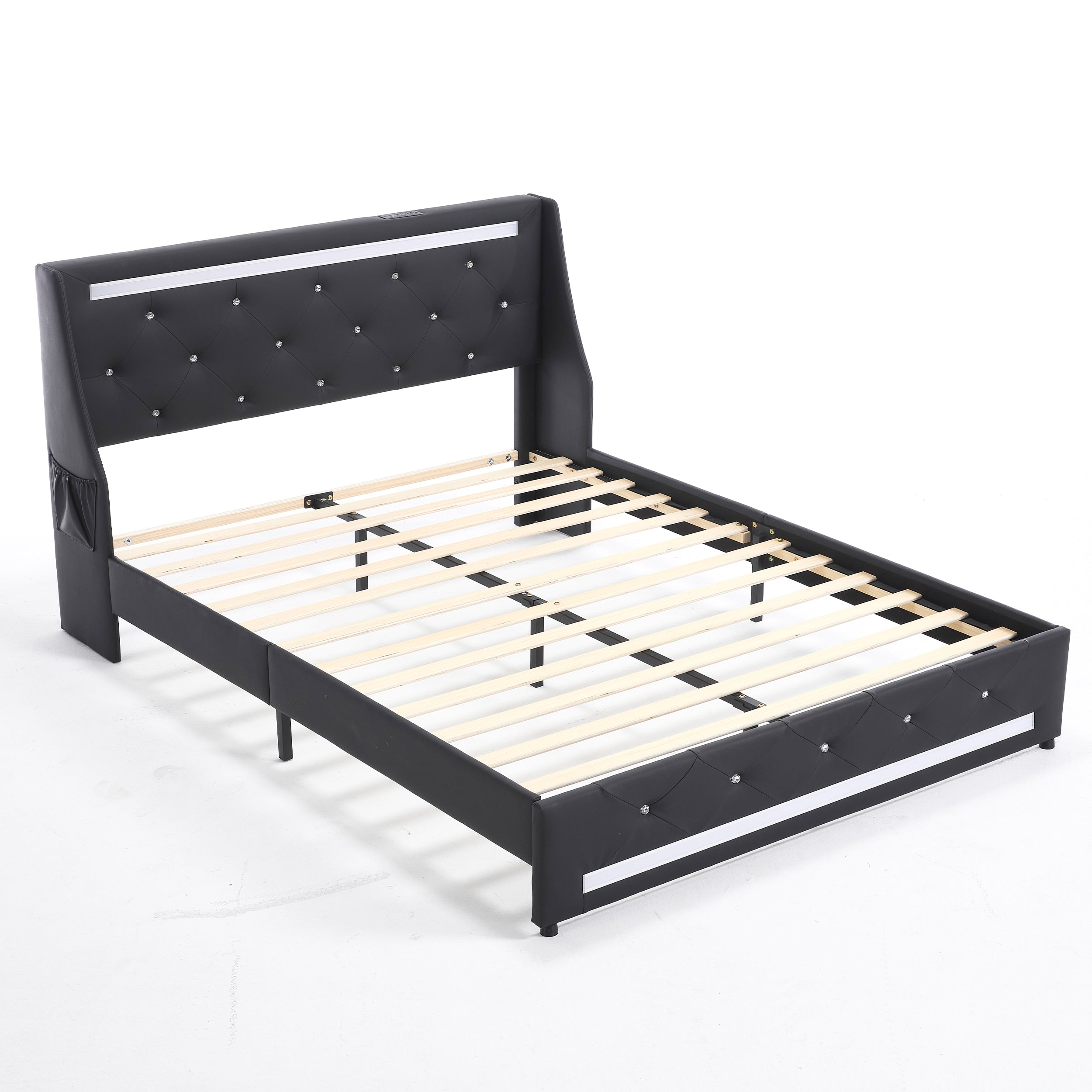 Black Upholstered Queen Size Platform Bed Frame with LED Lights, Charging Station, Diamond Headboard, Wooden Slats, Easy Assembly, No Box Spring Needed, Noise Free