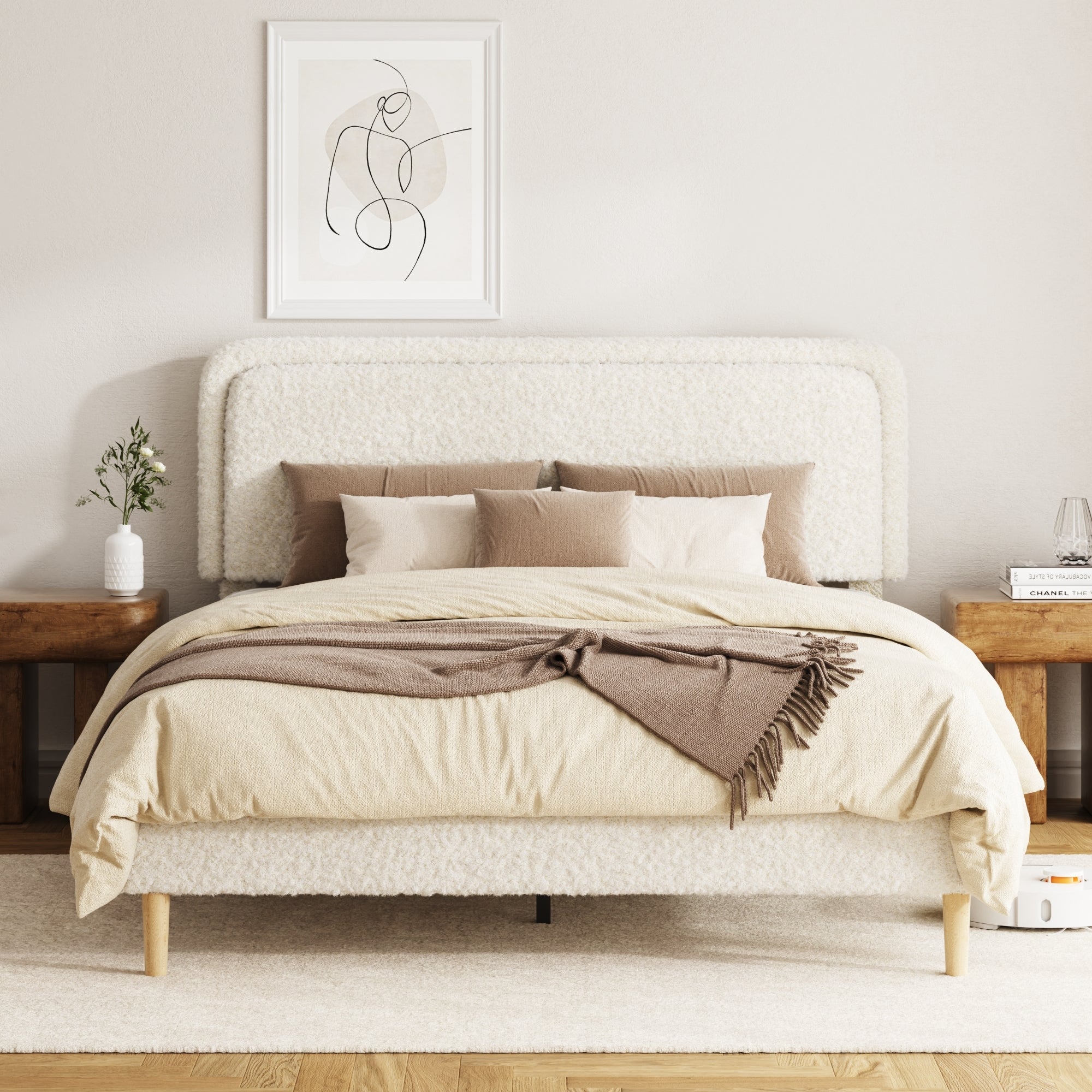 Queen Bed frame, Plush Upholstered Platform Bed with Height-Adjustable Headboard, Sturdy Frame and Alats, Quiet Design, No-Spring Mattress Compatible, Easy to Assemble, Beige