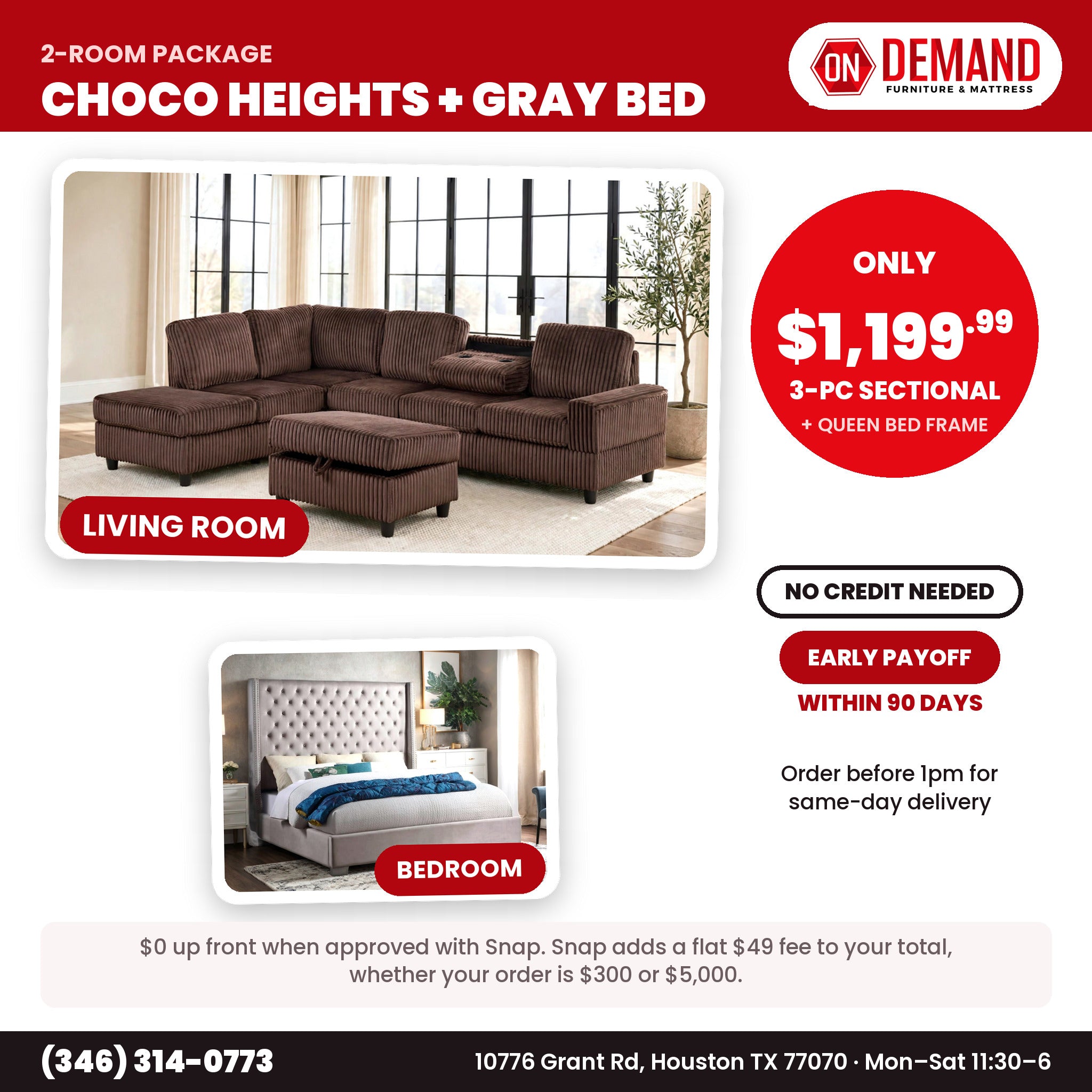 Chocolate Heights Corduroy 2 Room Package: chocolate sectional and gray tufted bed frame