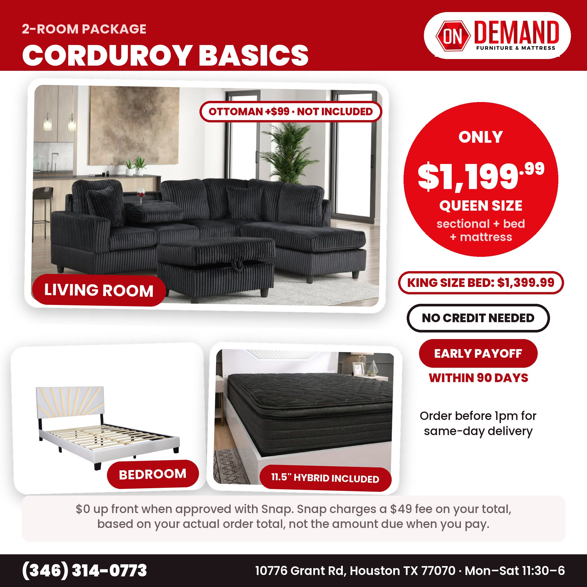 Corduroy Basics 2-room package: black corduroy sectional, white and gold sunburst bed frame and 11.5-inch hybrid mattress, queen size $1,199.99