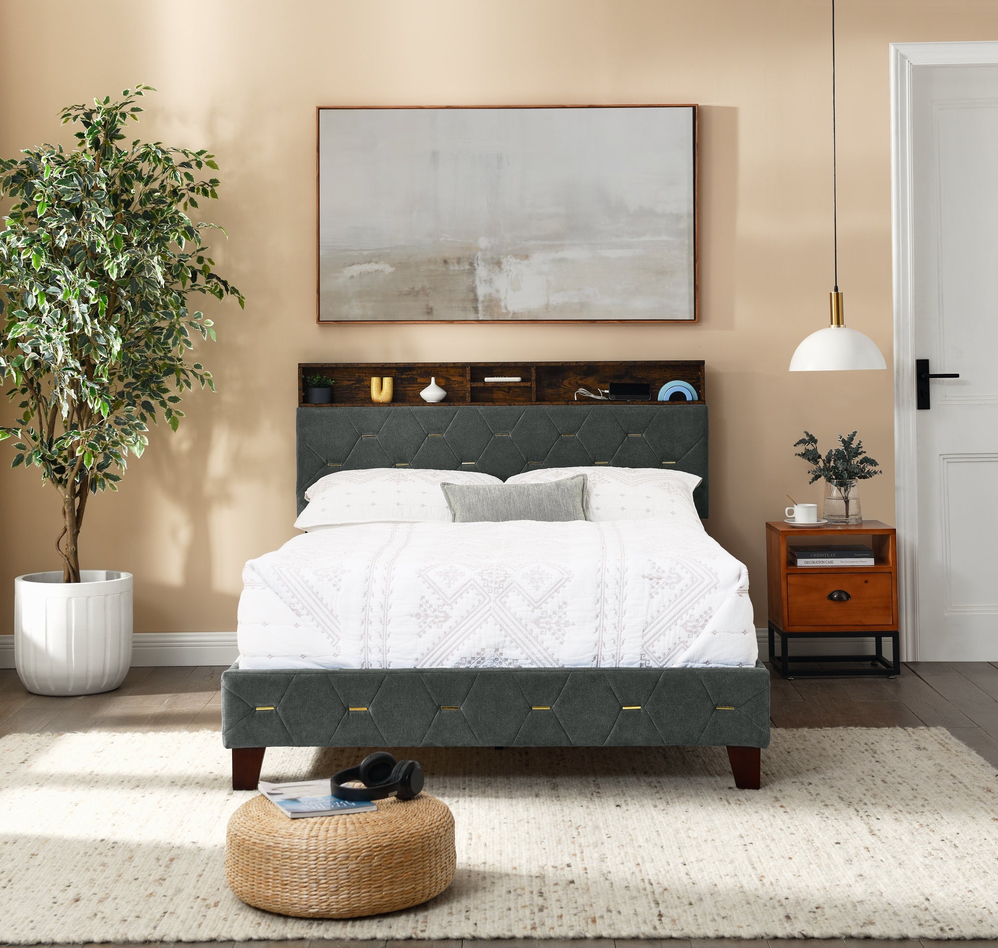 Full Size Bed Frame, Shelf Upholstered Headboard, Platform Bed with Outlet & USB Ports, Wood Legs, No Box Spring Needed, Easy Assembly, Grey