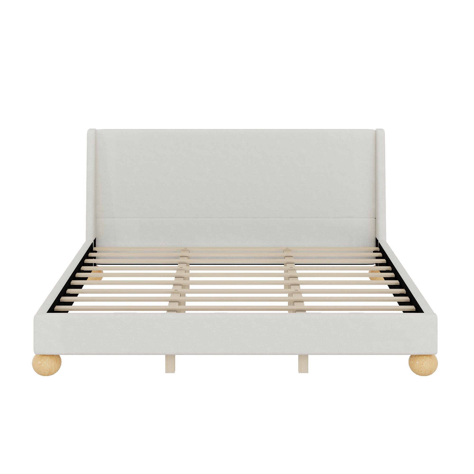 Modern Boucle Upholstered Platform Bed with Wingback Headboard and Round Wooden Legs, Beige,King Size