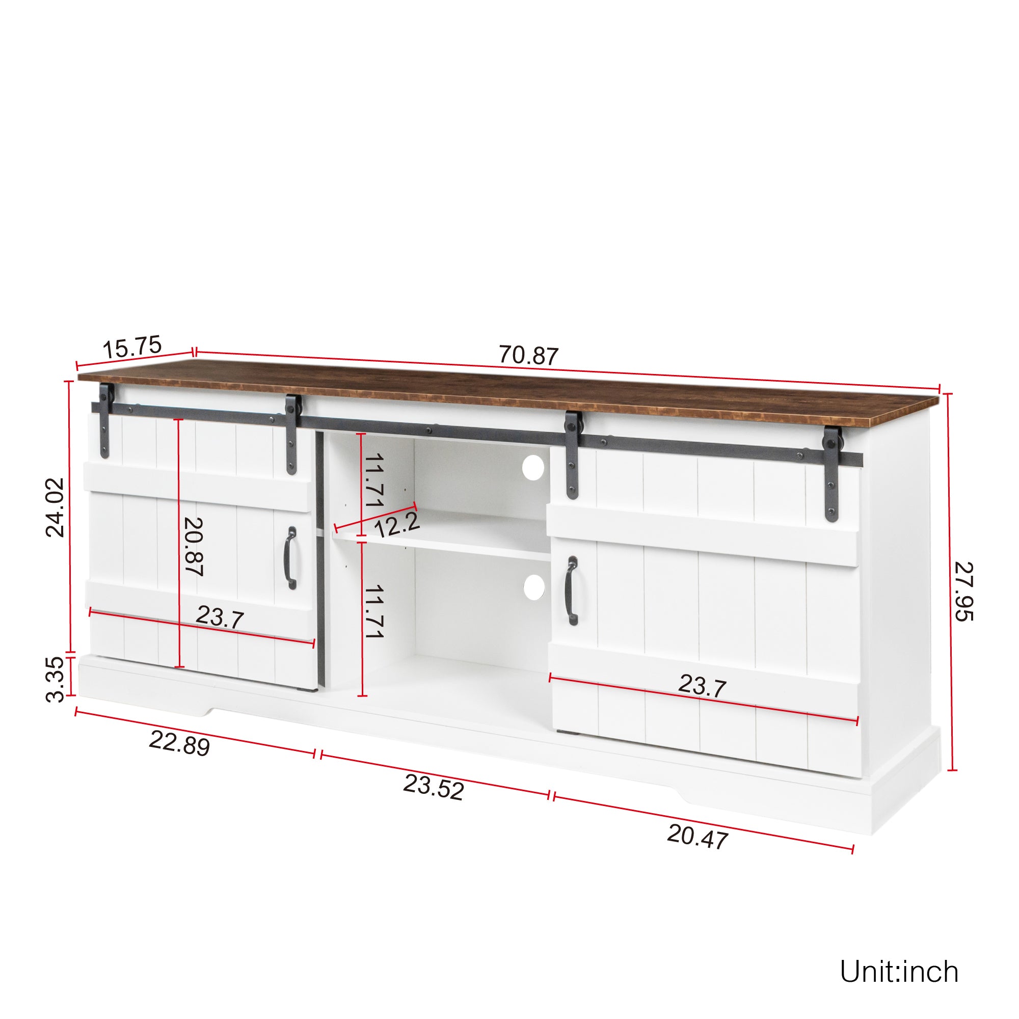 Farmhouse Sliding white Barn Door TV Stand for 80 inch TV Stands,Open Storage Cabinet for Living Room Bedroom