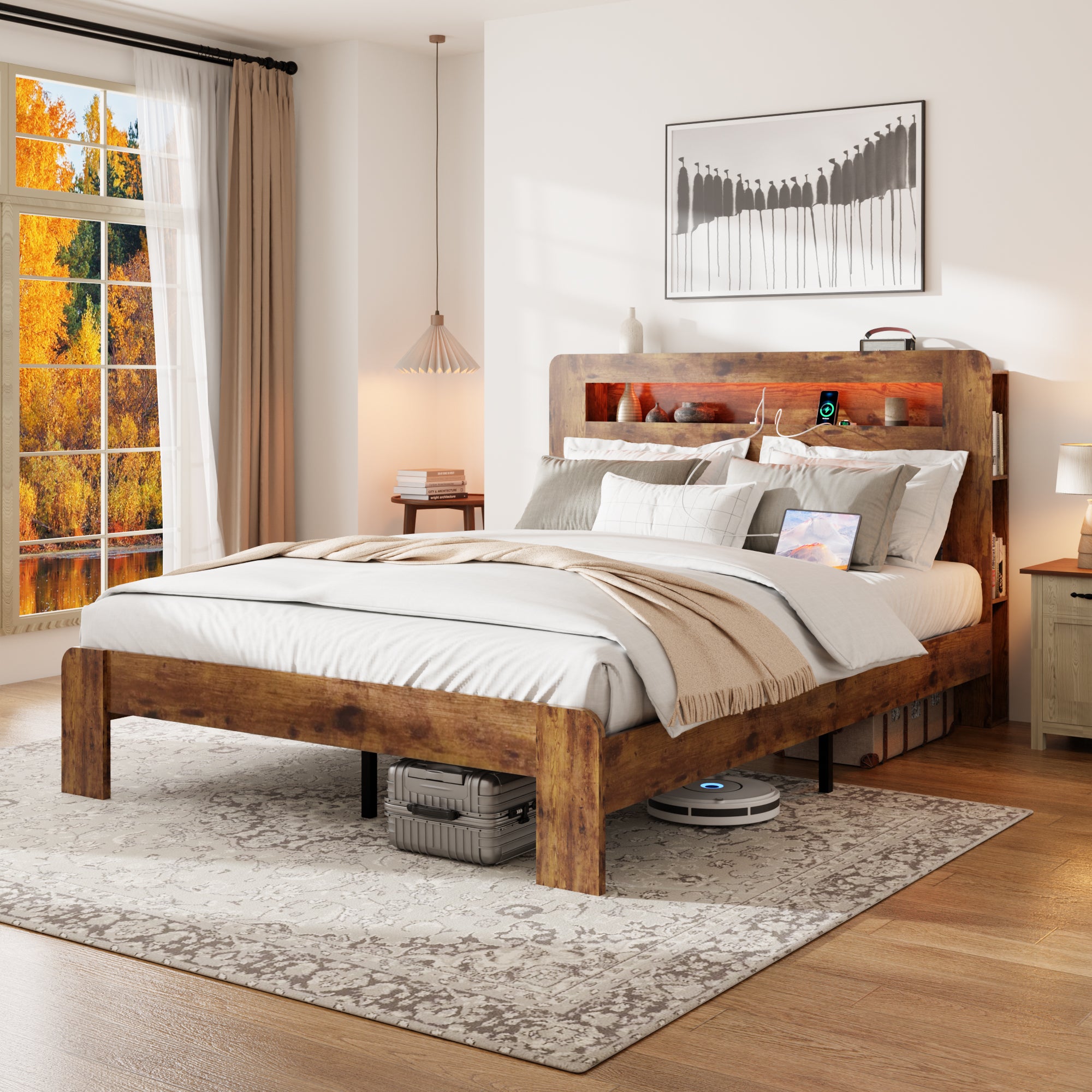 Bed Frame Queen Size, Wood Platform Bed Frame with Storage LED Light Headboard and 2 USB , Noise Free,No Box Spring Needed and Easy Assembly Tool,Large Under Bed Storage,Dark Brown