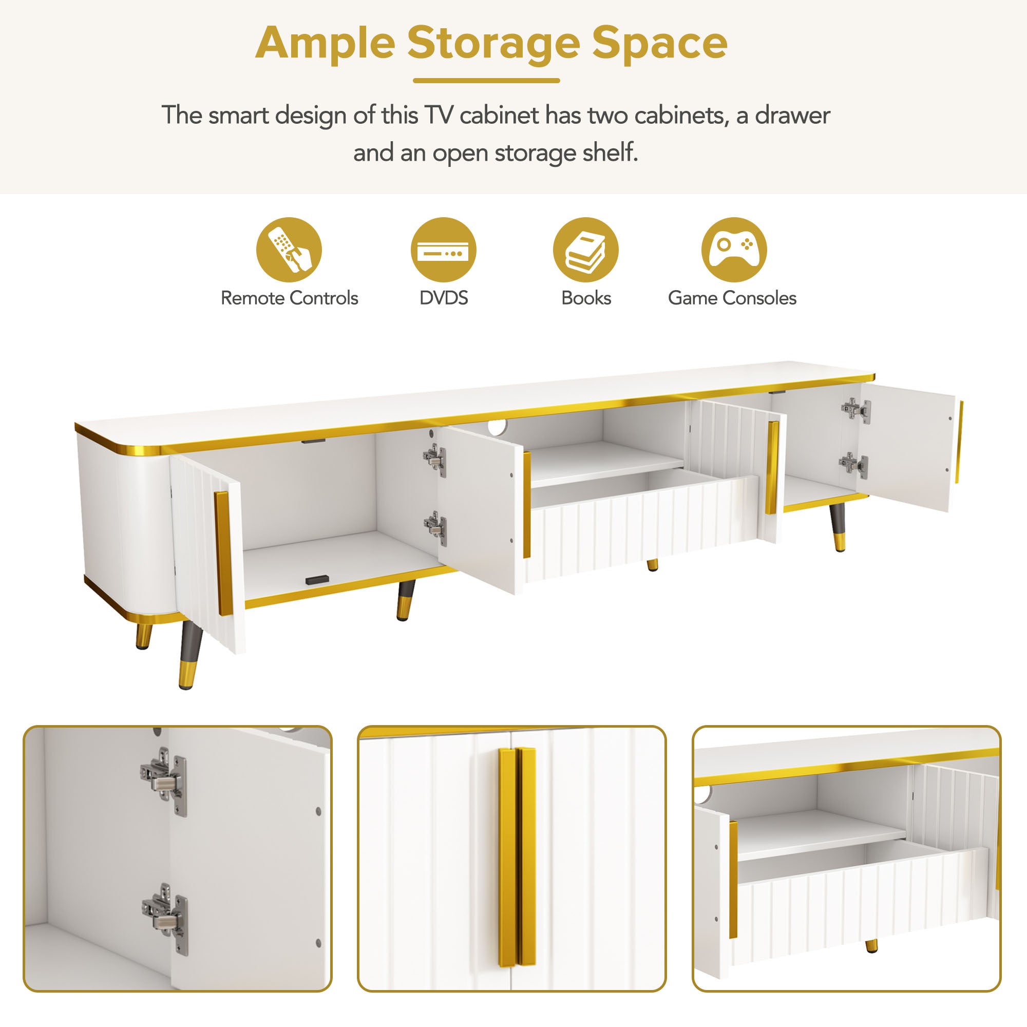 ON-TREND Luxury Minimalism TV Stand with Open Storage Shelf for TVs Up to 85", Entertainment Center with Cabinets and Drawers, Practical Media Console with Unique Legs for Living Room, White