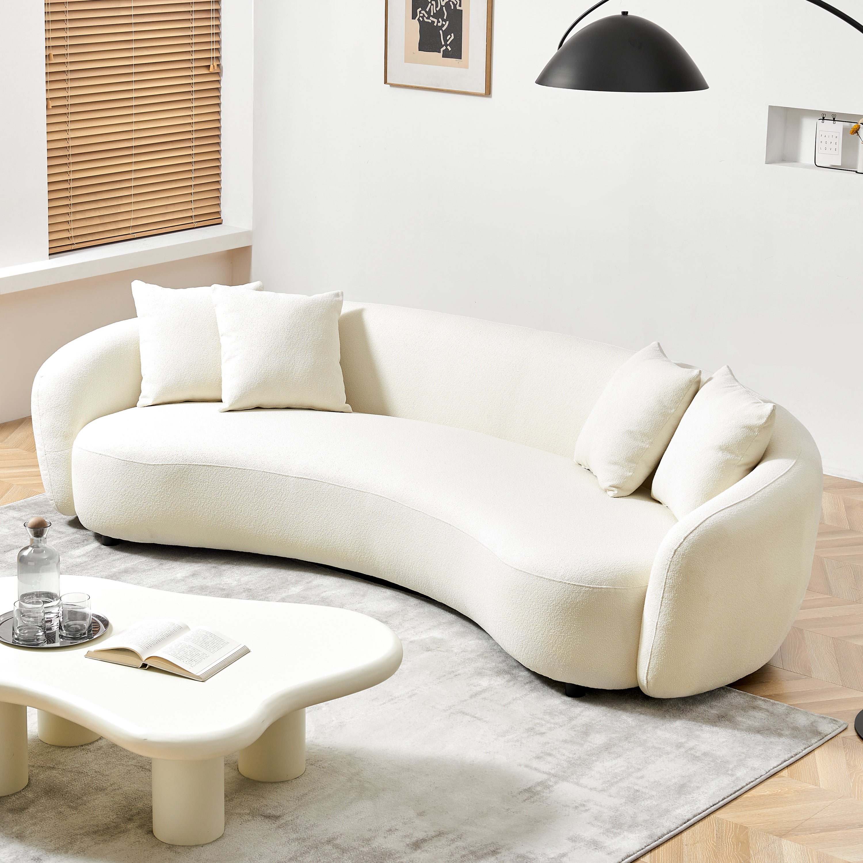 Modern Curved Sofa Mid-Century White Comfy Half Moon Teddy Fabric Couch,101' Upholstered with 4 Throw Pillows for Living Room