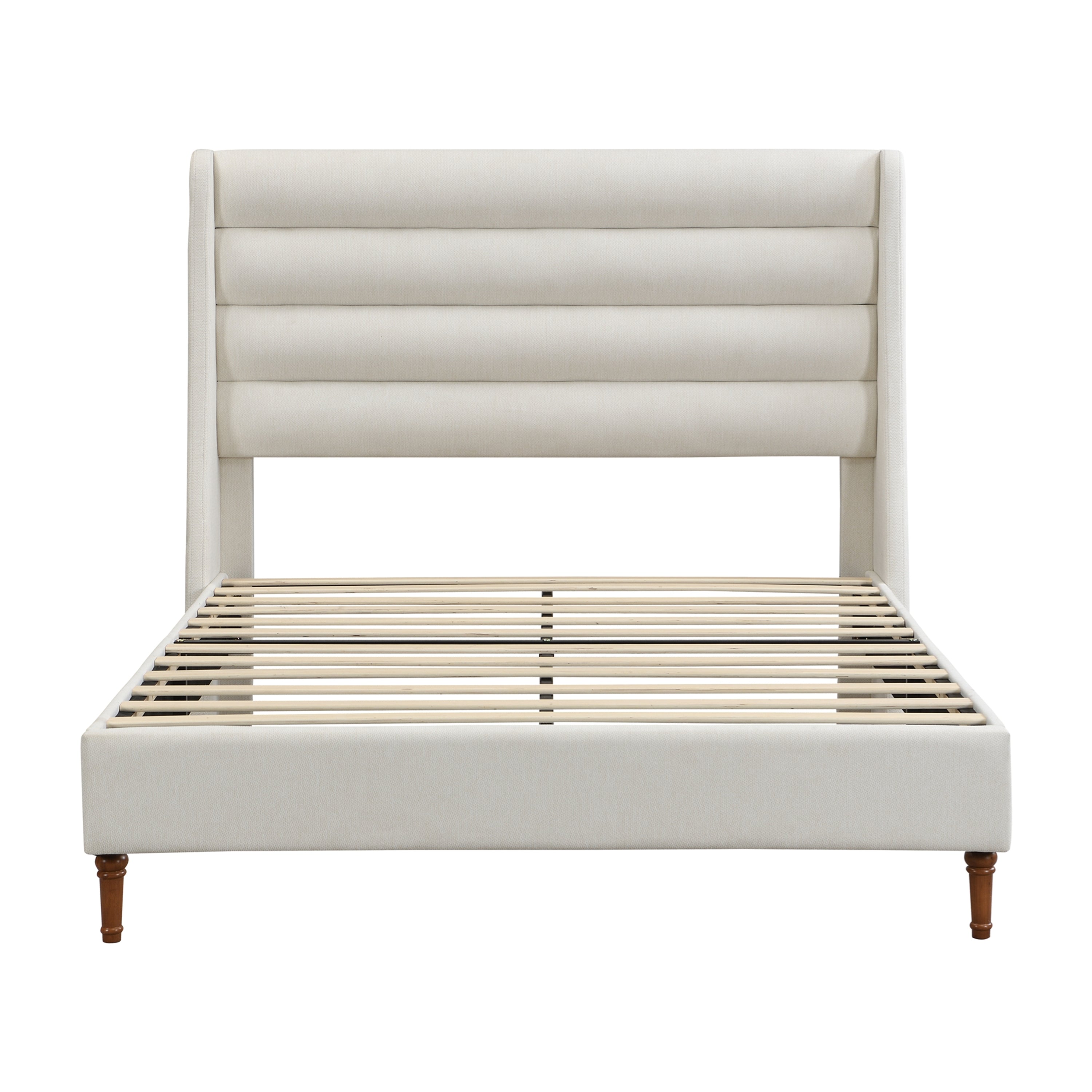 Modern Minimalist Queen Size Upholstered Platform Bed with Wave-Shaped Headboard in Ivory, Premium Chenille Fabric, Solid Wood Frame, No Box Spring Needed