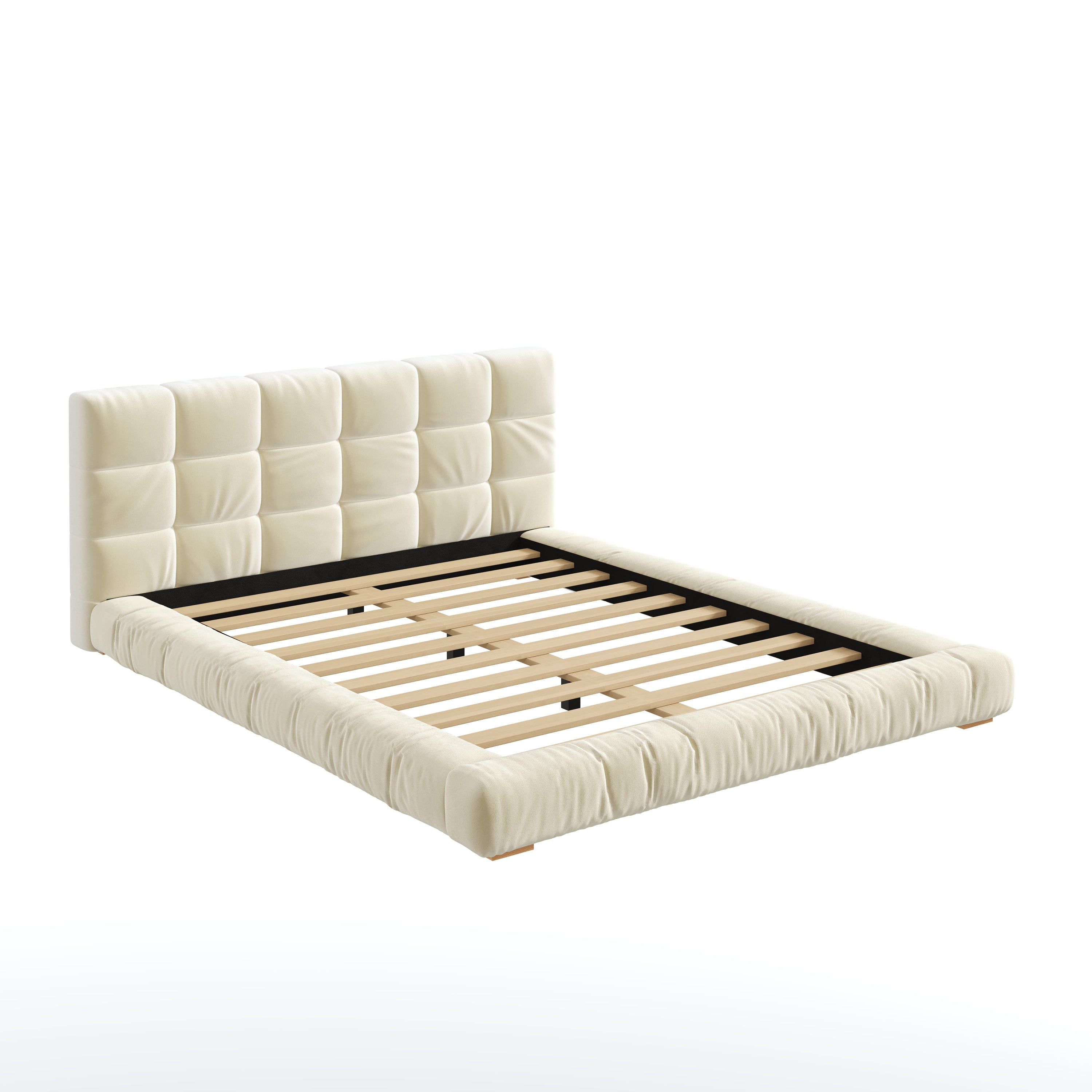 Modern Velvet Upholstered Queen Bed Frame with Channel Tufted Headboard, Beige, Low Profile Design, Sturdy Slat Support, No Box Spring Needed