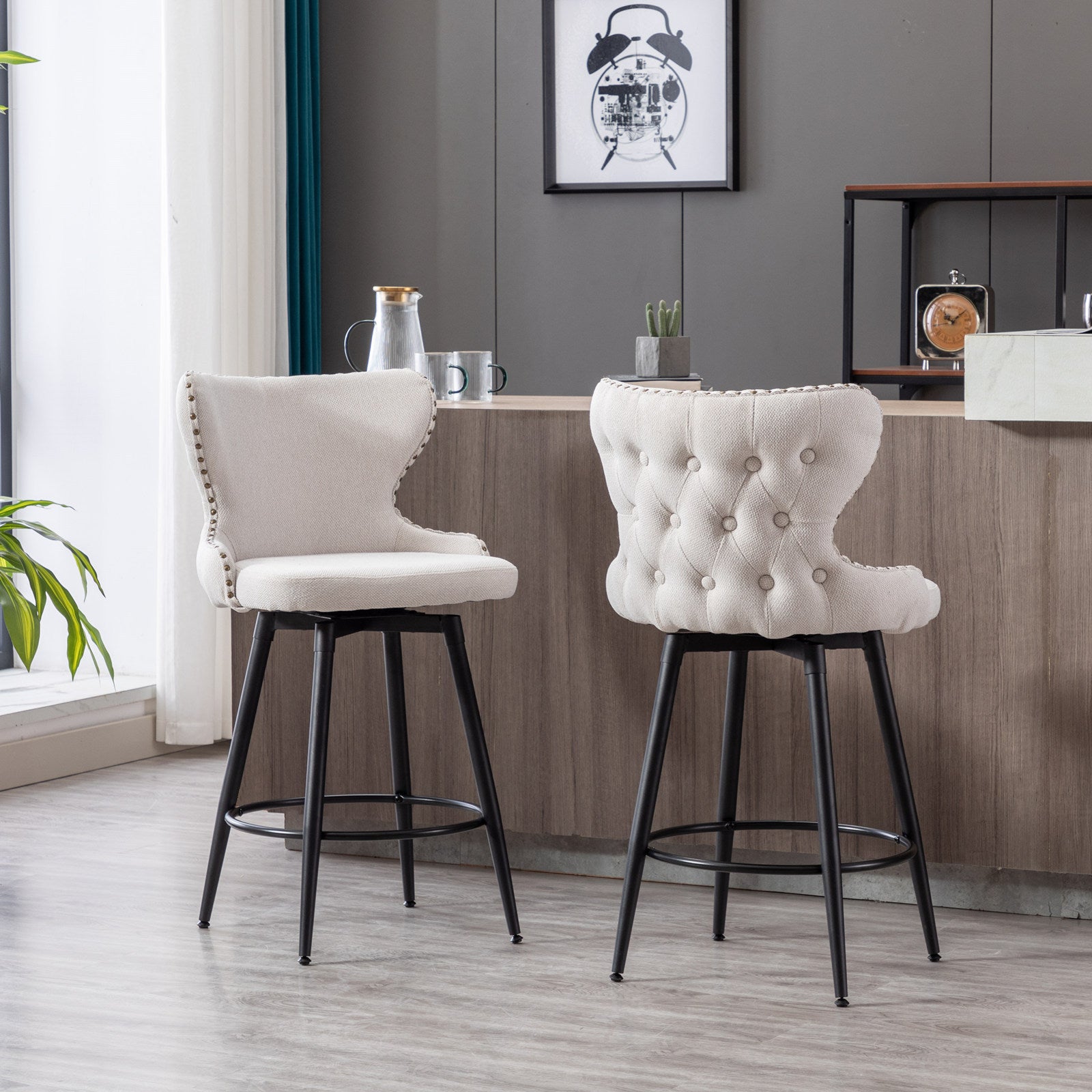 A&A Furniture,Counter Height 25" Modern Linen Fabric bar chairs,180° Swivel Bar Stool Chair for Kitchen,Tufted Cupreous Nailhead Trim Burlap Bar Stools with Metal Legs,Set of 2 (Beige)