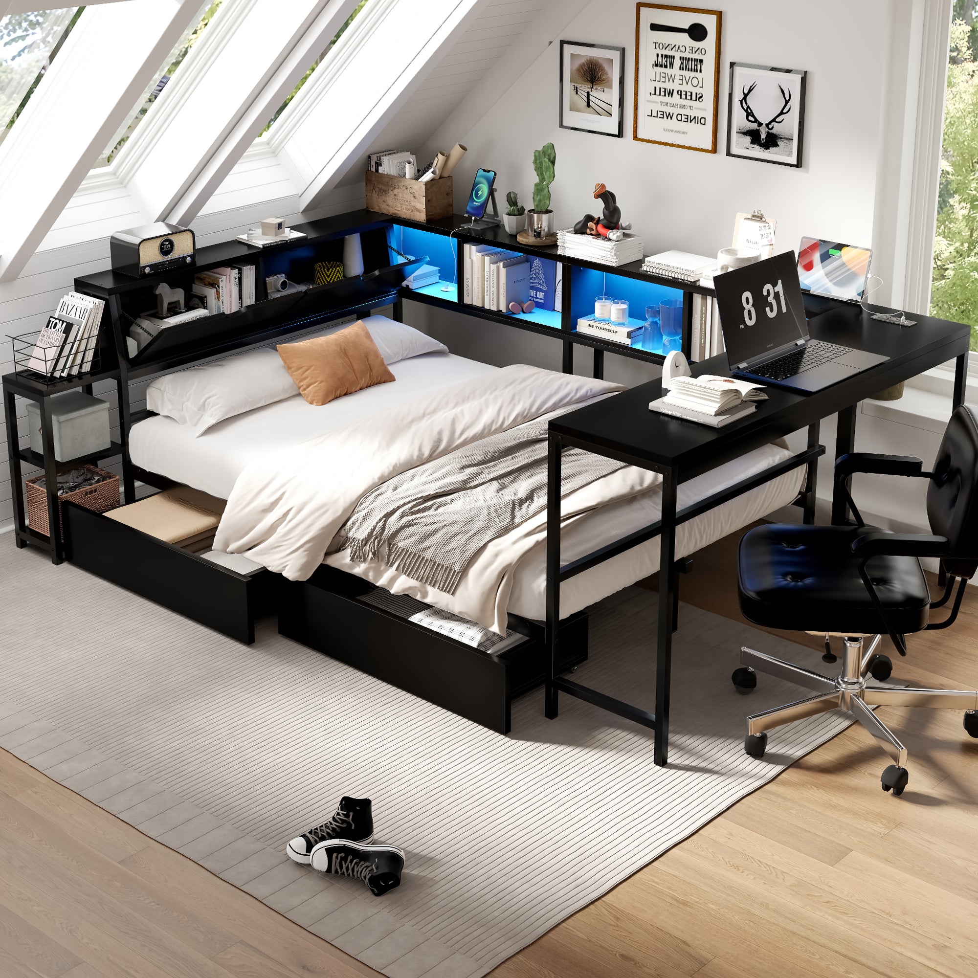 Corner Bed Frame Queen Size with Bookcase and 2 Underbed Storage Drawers, Modern Bed with LED Light and Charging Station, Left and right interchangeable, Black
