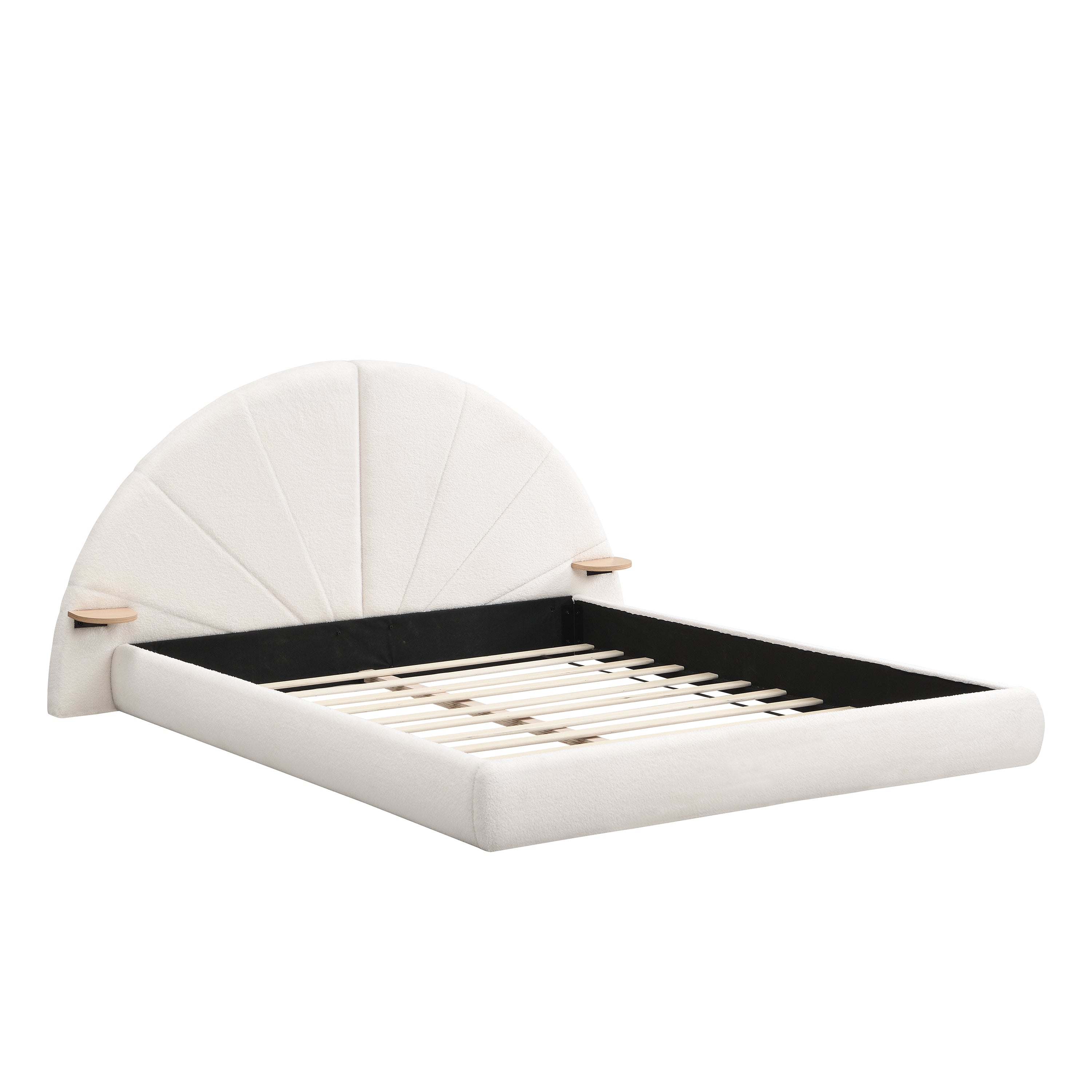 Modern Arched Bouclé Bed with Small Table, Queen, Beige - Plush Fabric, Wood Frame, Floor-Standing Design