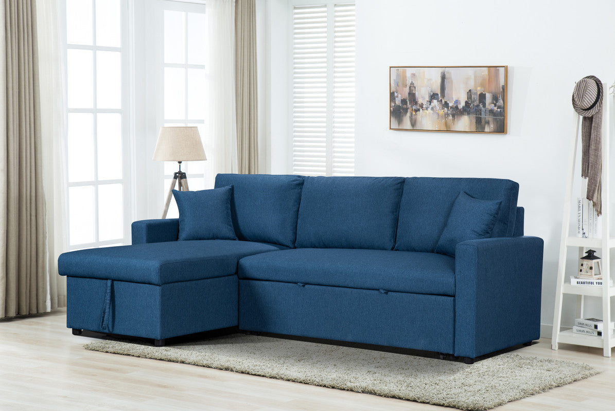 Paisley 82' Blue Linen Fabric Reversible Sleeper Sectional Sofa with Storage Chaise