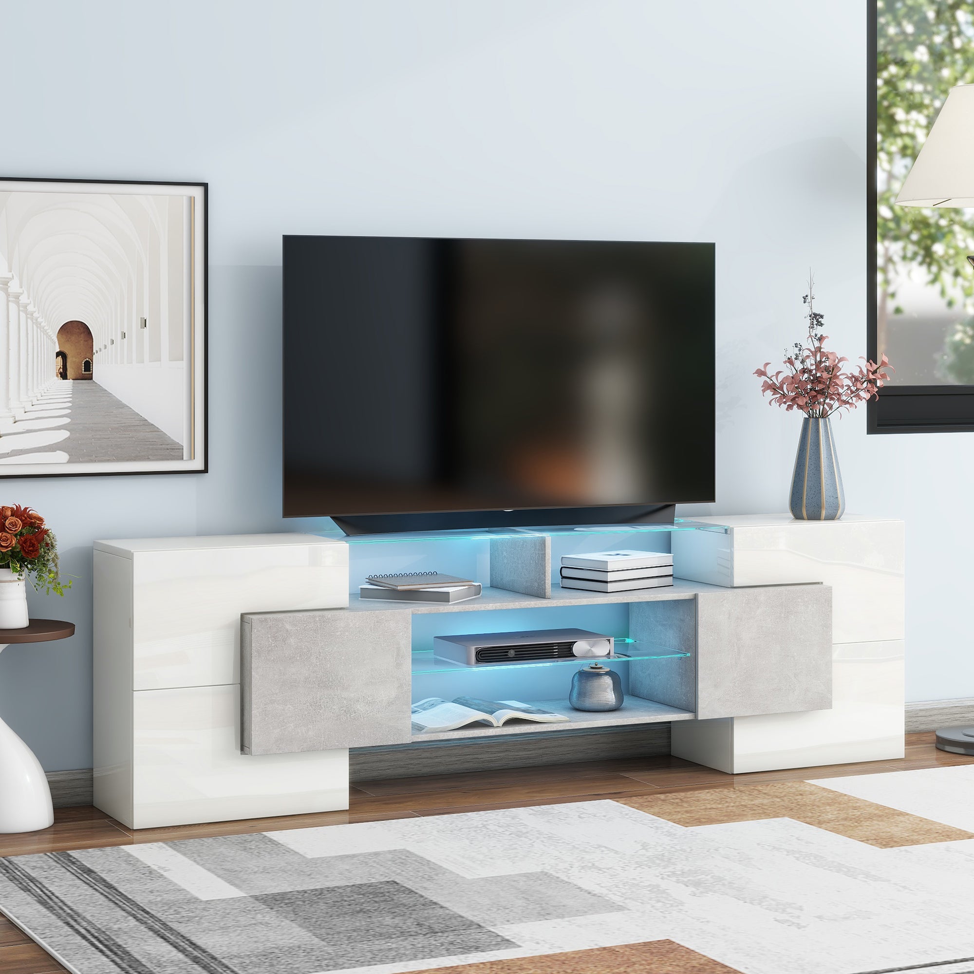 ON-TREND Unique Shape TV Stand with 2 Illuminated Glass Shelves, High Gloss Entertainment Center for TVs Up to 88', Versatile TV Cabinet with LED Color Changing Lights for Living Room, Grey