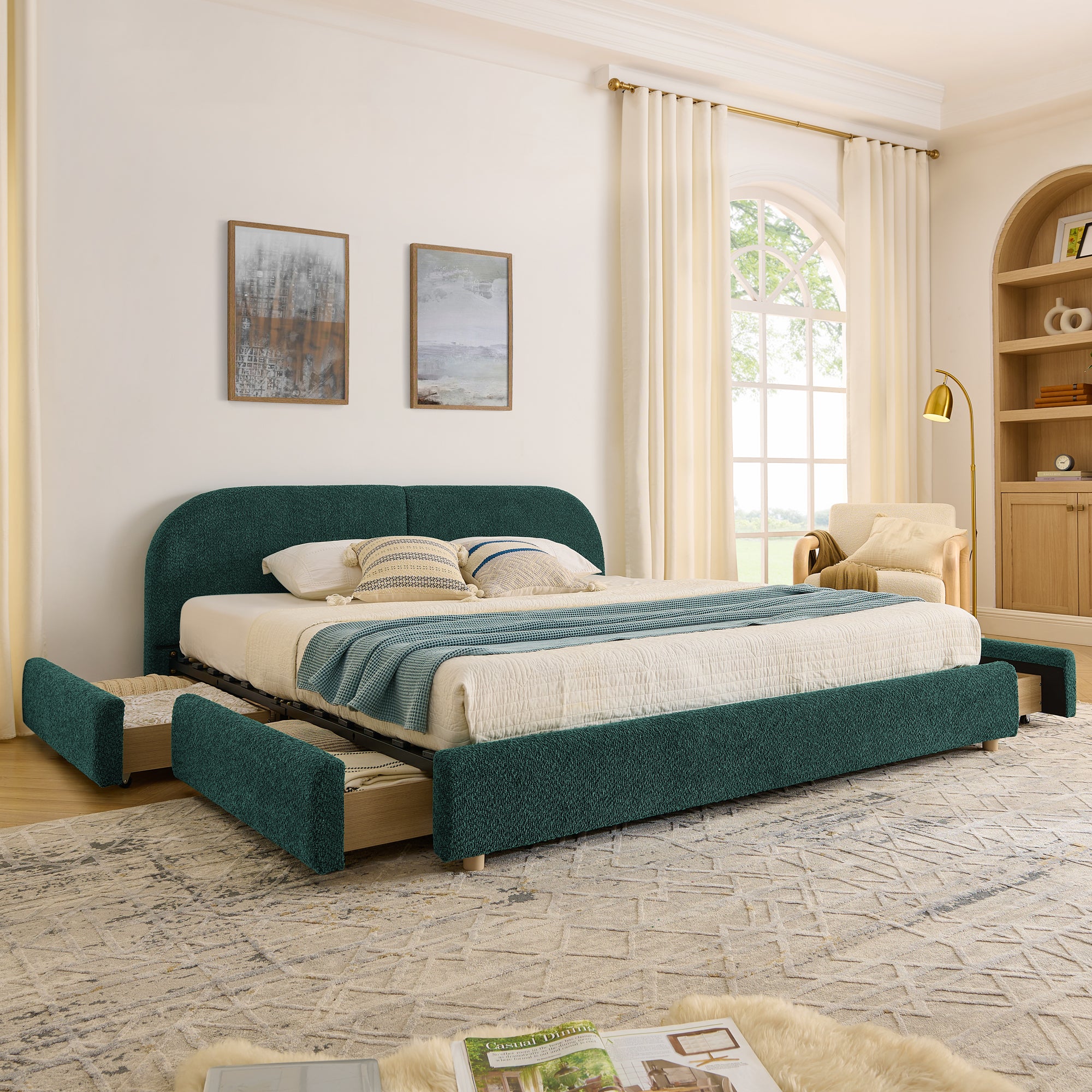 King Size Upholstered Bed Frame Modern Minimalist Style - Circle Yarn Fabric, Tall Curved Headboard, Sturdy Leg Support & Wheeled Drawer Storage, Mattress Not Included - Green