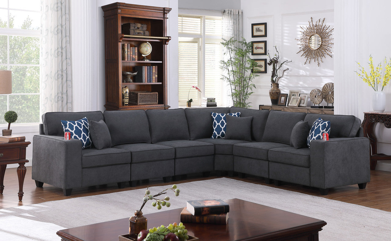 Cooper 125' Stone Gray Woven Fabric 6Pc Reversible L-Shape Sectional Sofa with Cupholder