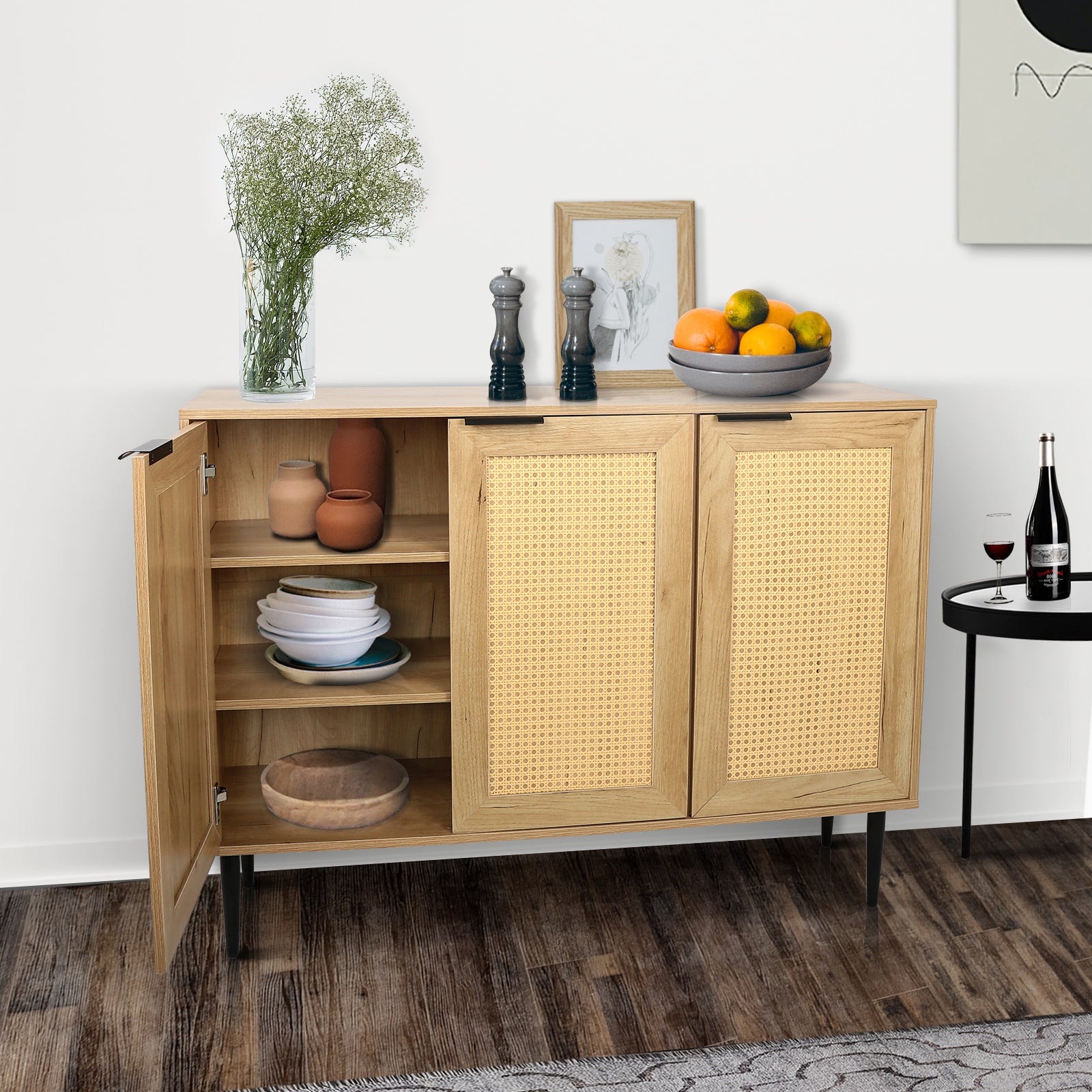 47.24 '' Wide Elegant Kitchen Buffet Storage  Cabinet with 3 Rattan Doors for Bedroom Living Room Kitchen Cupboard Wooden Furniture with 3-Tier Shelving ,Natural Color