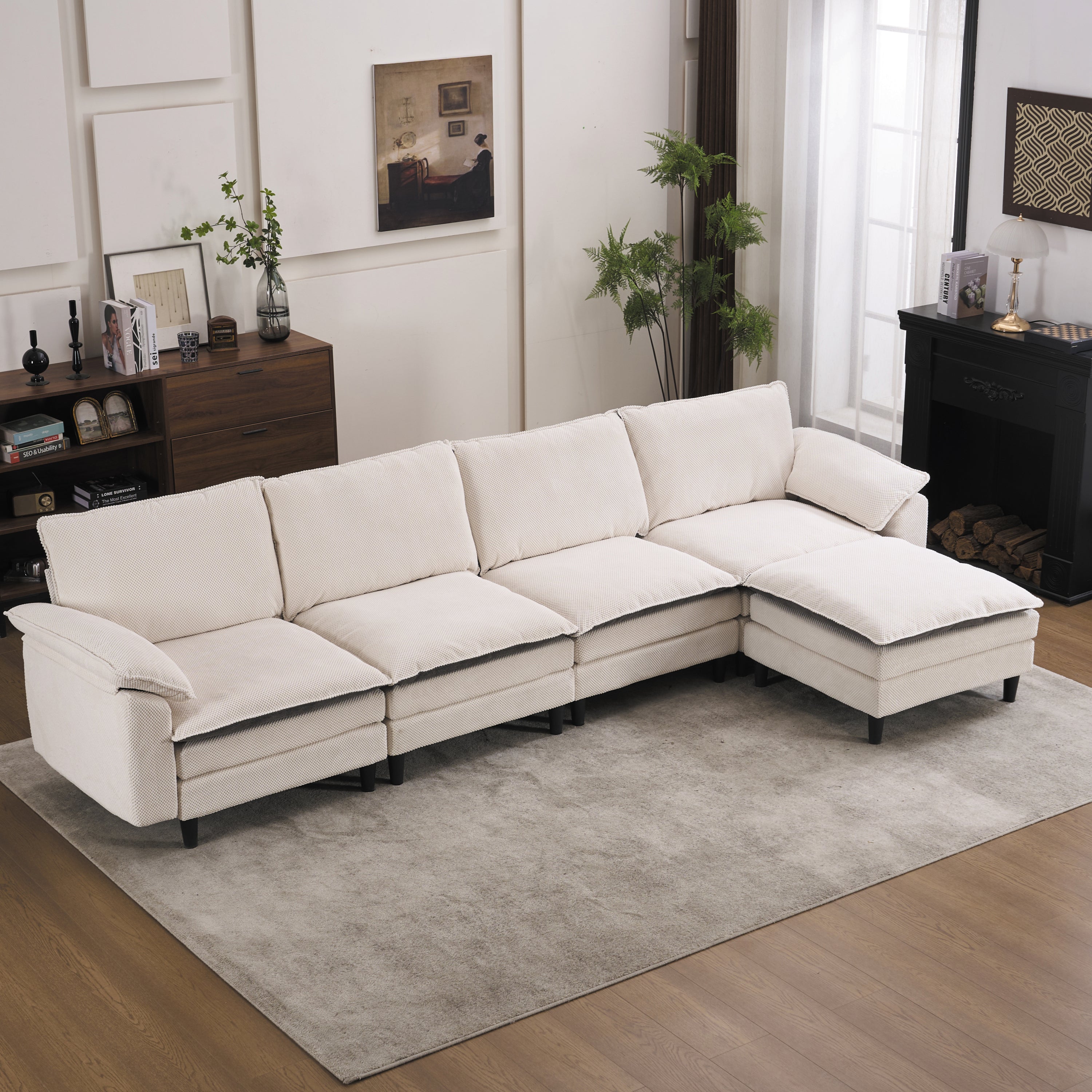 129.92' Black & White Two-Tone L Shaped Cloud Sofa, Modular Sectional with Ottoman, 3-Seat Chenille Deep Seat and Pillow – Perfect for Living Room, Bedroom, Apartment