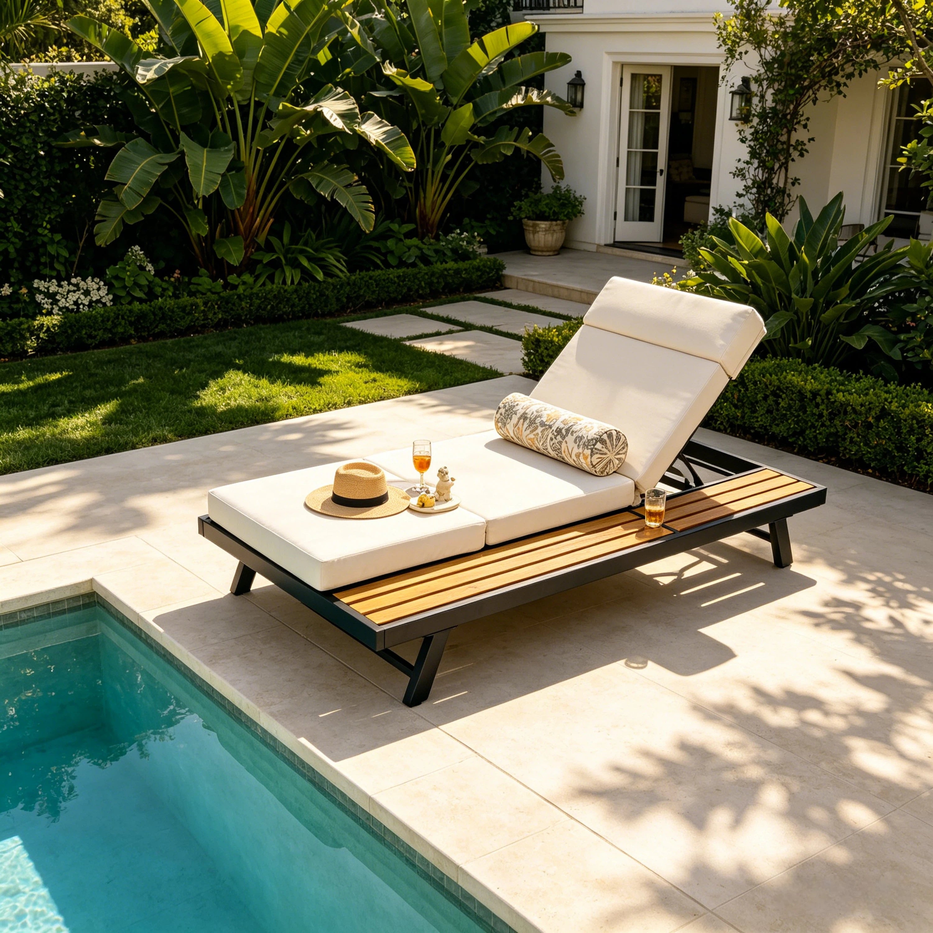 Black Iron + Teak Finish Outdoor Chaise Lounge Set with Beige Cushion, 400 lbs Capacity, 4' Thick 4-Fold Water-Resistant Cushion with Headrest, Adjustable Backrest with Flat Storage Surface for Patio