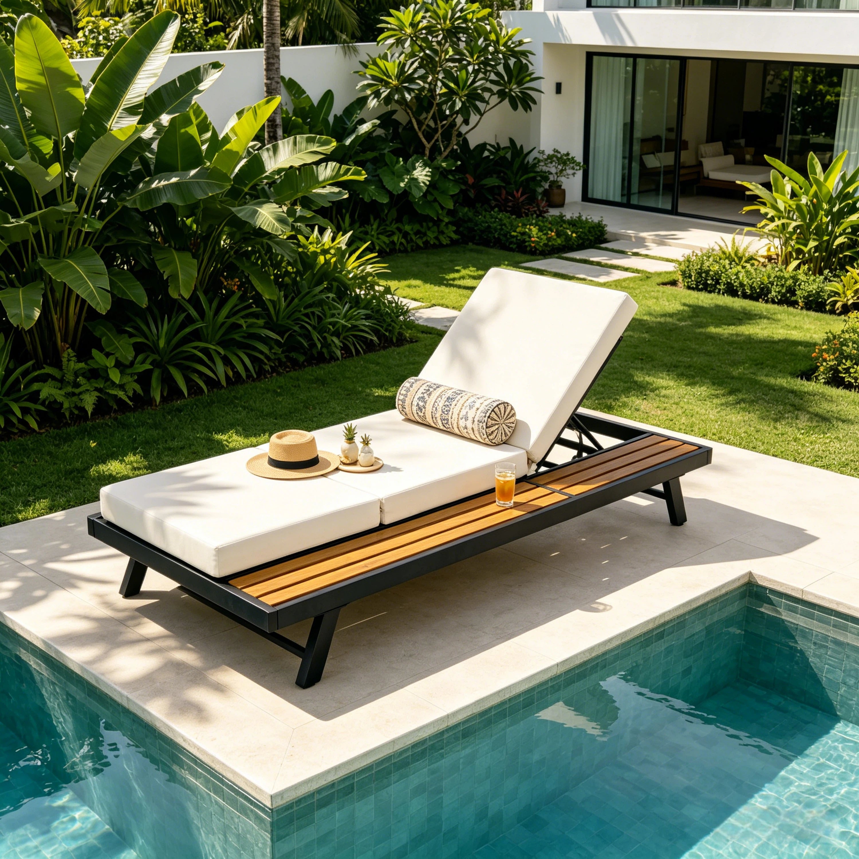 Black Iron + Teak Finish Chaise Lounge Set with Cream Cushion, 400 lbs Capacity, 4' Thick 3-Fold Water-Resistant Cushion, Adjustable Backrest with Flat Storage Surface for Patio Poolside Backyard