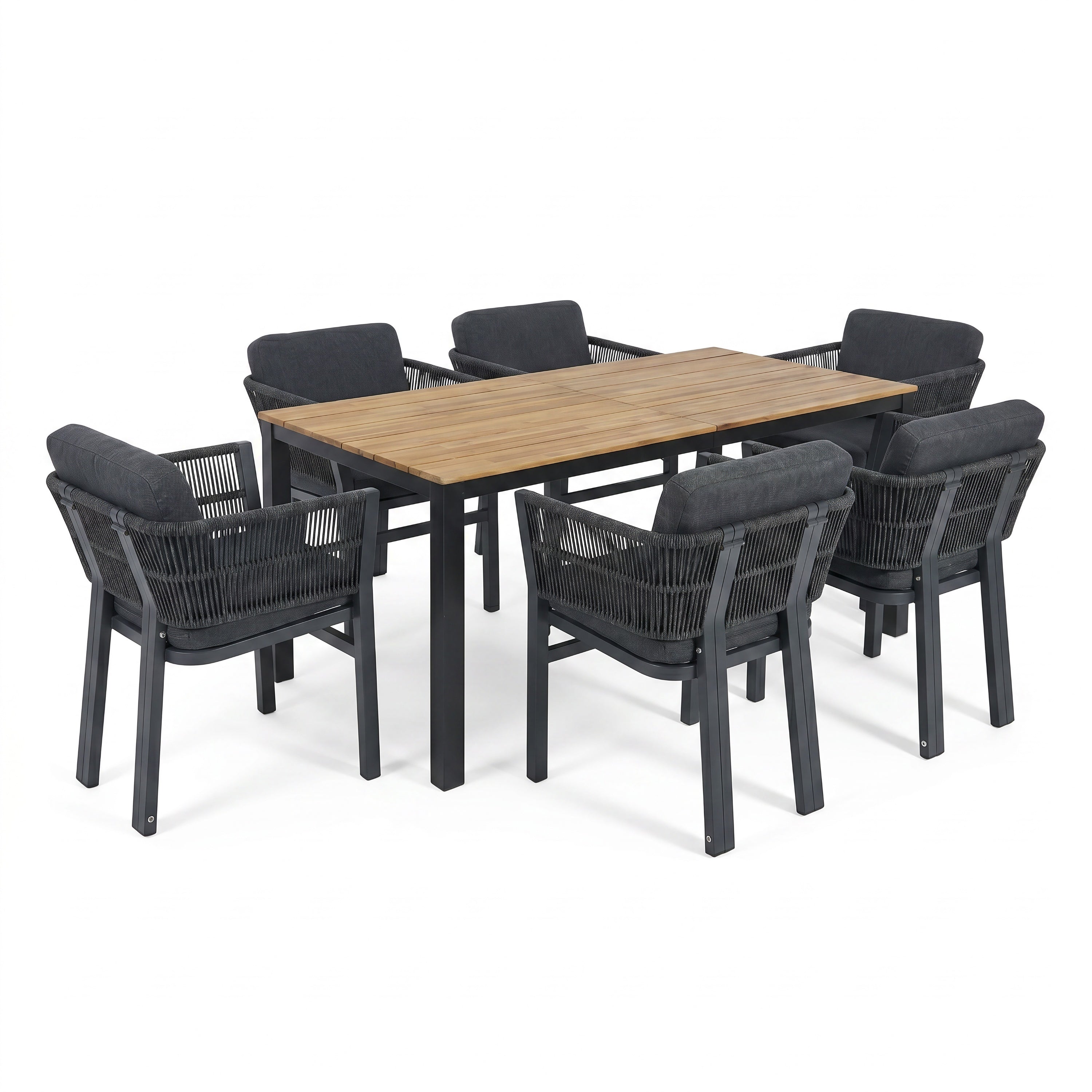 7-Piece Outdoor Dining Set with Acacia Wood Table and 6 Grey Aluminum Chairs, Weather-Resistant Patio Furniture in Grey and Teak Finish