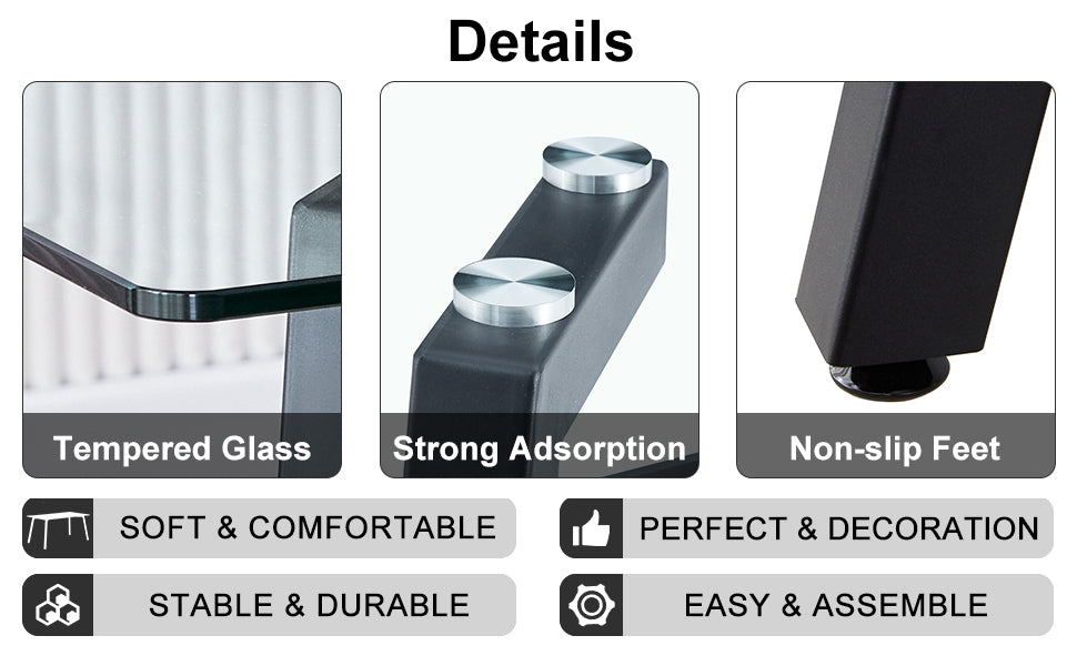 Table and chair set. 1 table and 6 black chairs. Glass dining table with 0.31-inch tempered glass tabletop and black coated metal legs. Equipped with black PU chairs 1123 008