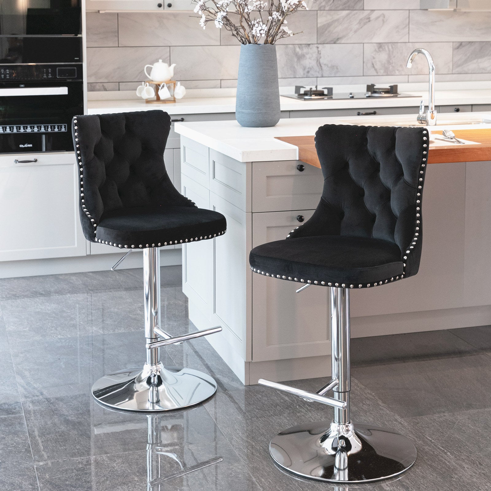 A&A Furniture Modern Swivel Velvet Barstools with Adjustable Height and Chrome Base, Black, Set of 2