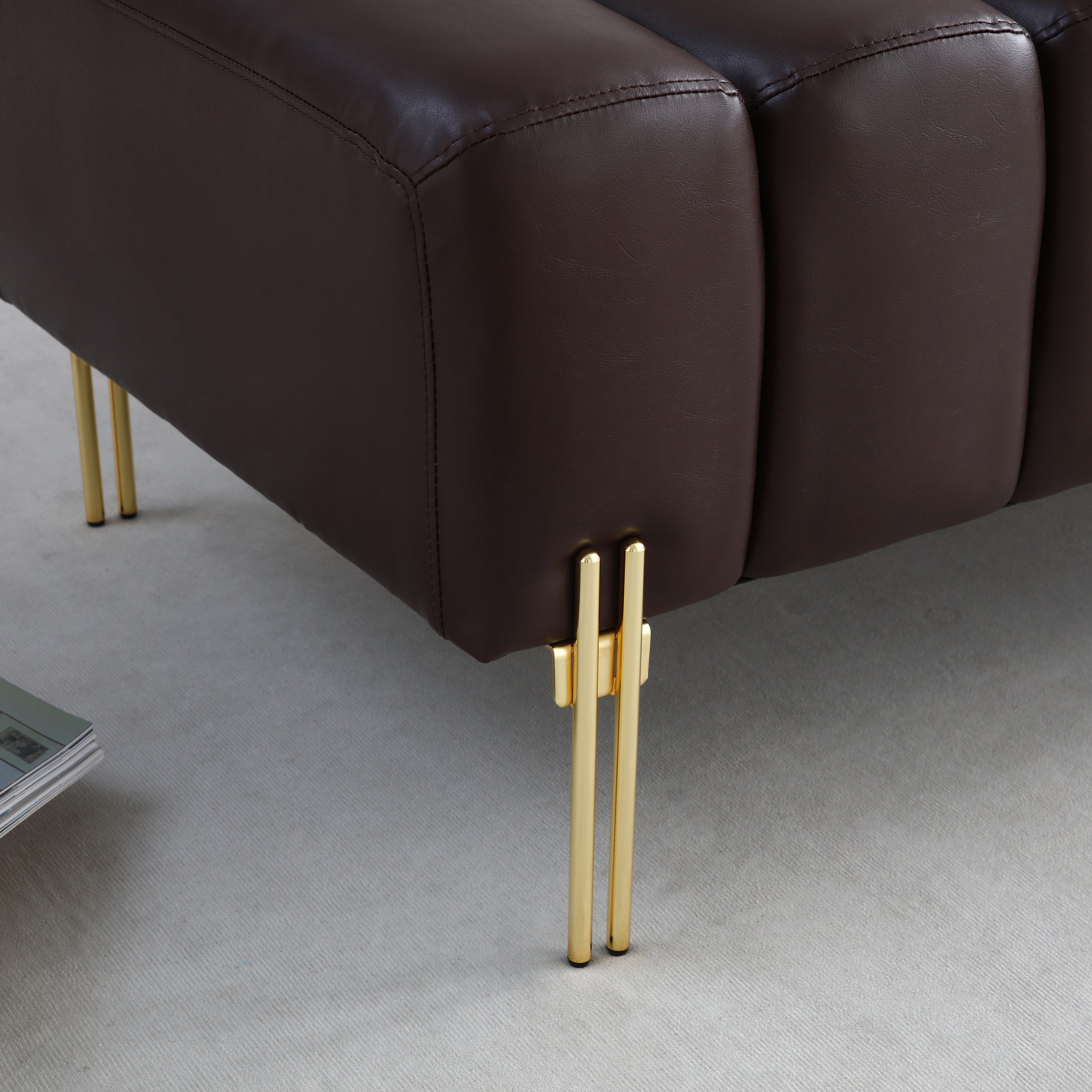 53.2" Width PU Upholstered Modern End of Bed Bench 2 Seater Sofa Couch Entryway Ottoman Bench Sofa Stool Footrest Window Bench with Gold Metal Legs for Bedroom Living Room,Brown