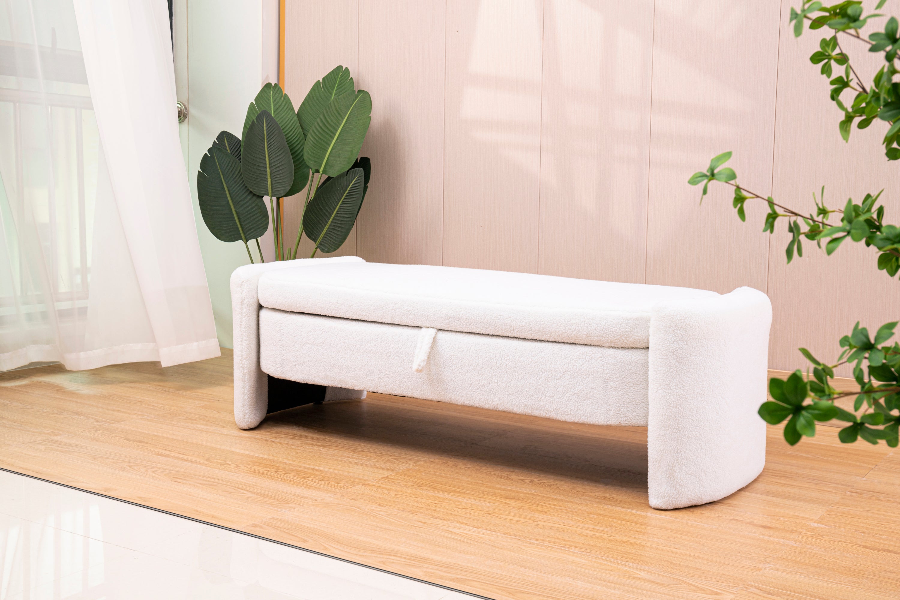 Footstool with storage function  beige teddy fabric  suitable for hallway bedroom living room