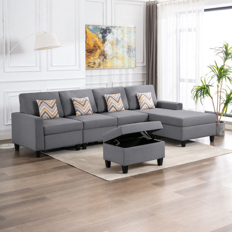 Nolan Gray Linen Fabric 5Pc Reversible Sofa Chaise with Interchangeable Legs, Storage Ottoman, and Pillows