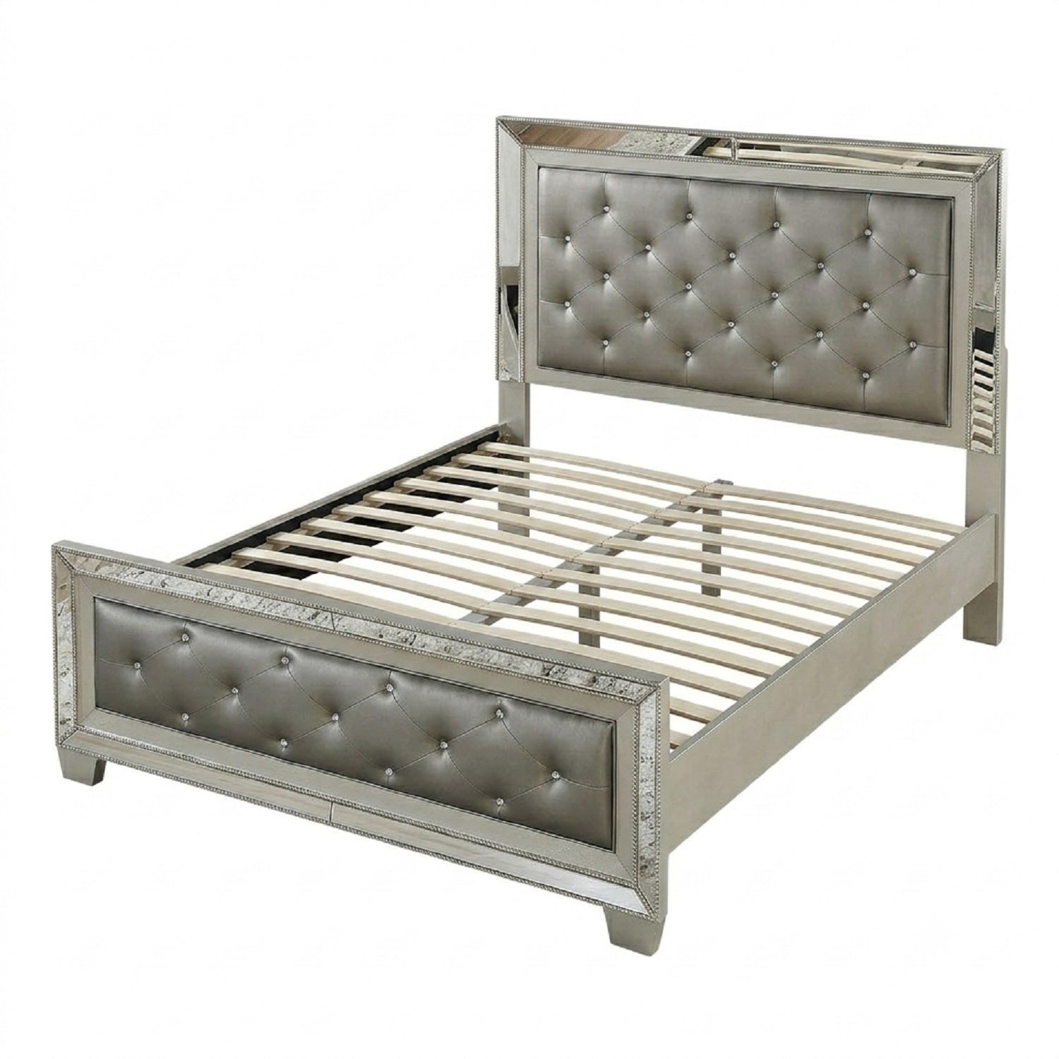 Glamorous Silver Faux Leather Tufted Headboard with Mirror Trim, California King Size Bedroom Furniture in Grey/Silver
