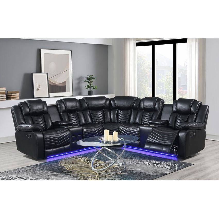 Lucky Charm Black Reclining Sectional with LED Lights