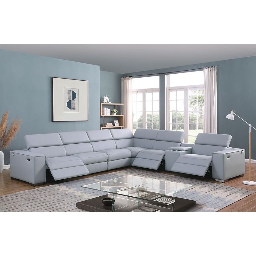 Picasso Light Blue Italian Leather Match 7-Piece Power Reclining Sectional