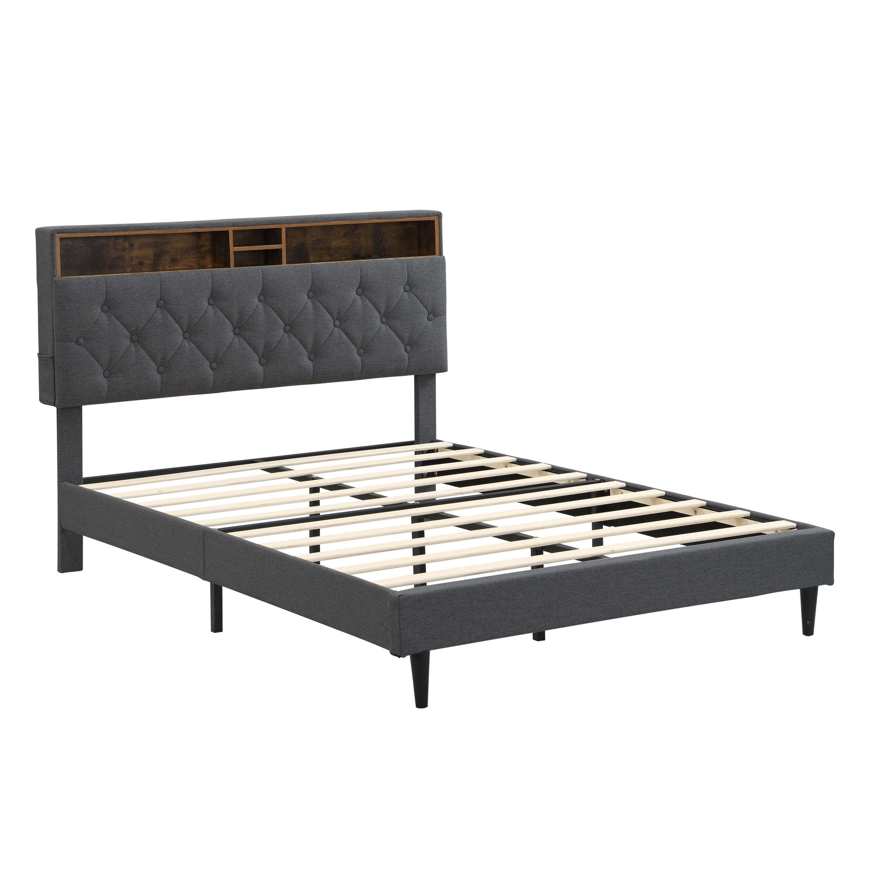 Modern Upholstered King-Size Platform Bed Frame with Button-Tufted Linen Headboard and USB Ports, Dark Grey