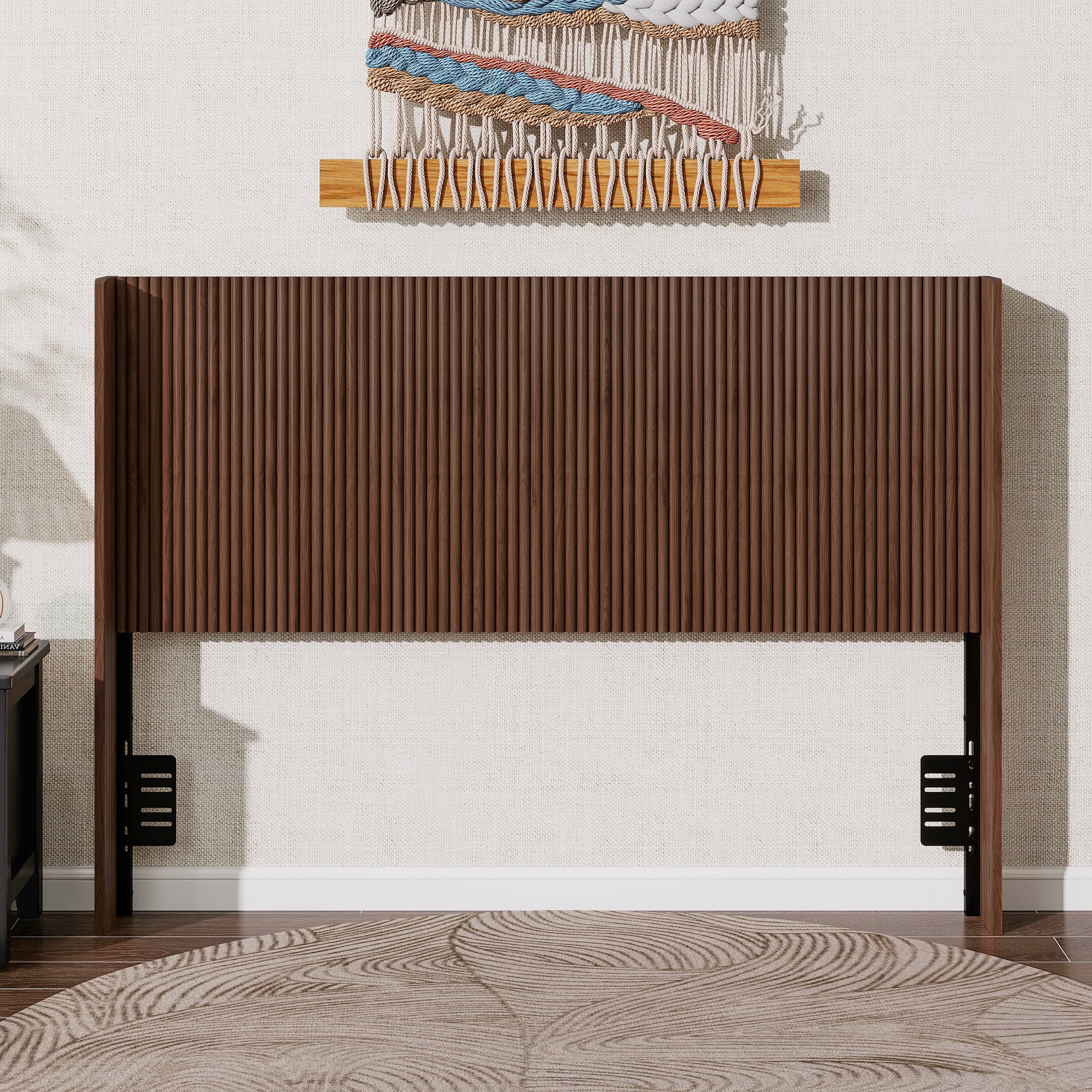 Walnut Fluted Wood Headboard, Vertical Ribbed Freestanding Bed Headboard with Adjustable Metal Brackets, Mid-Century Modern Wooden Headboard for Twin Full Queen Size Bed, Space-Sav (Brown color, Queen