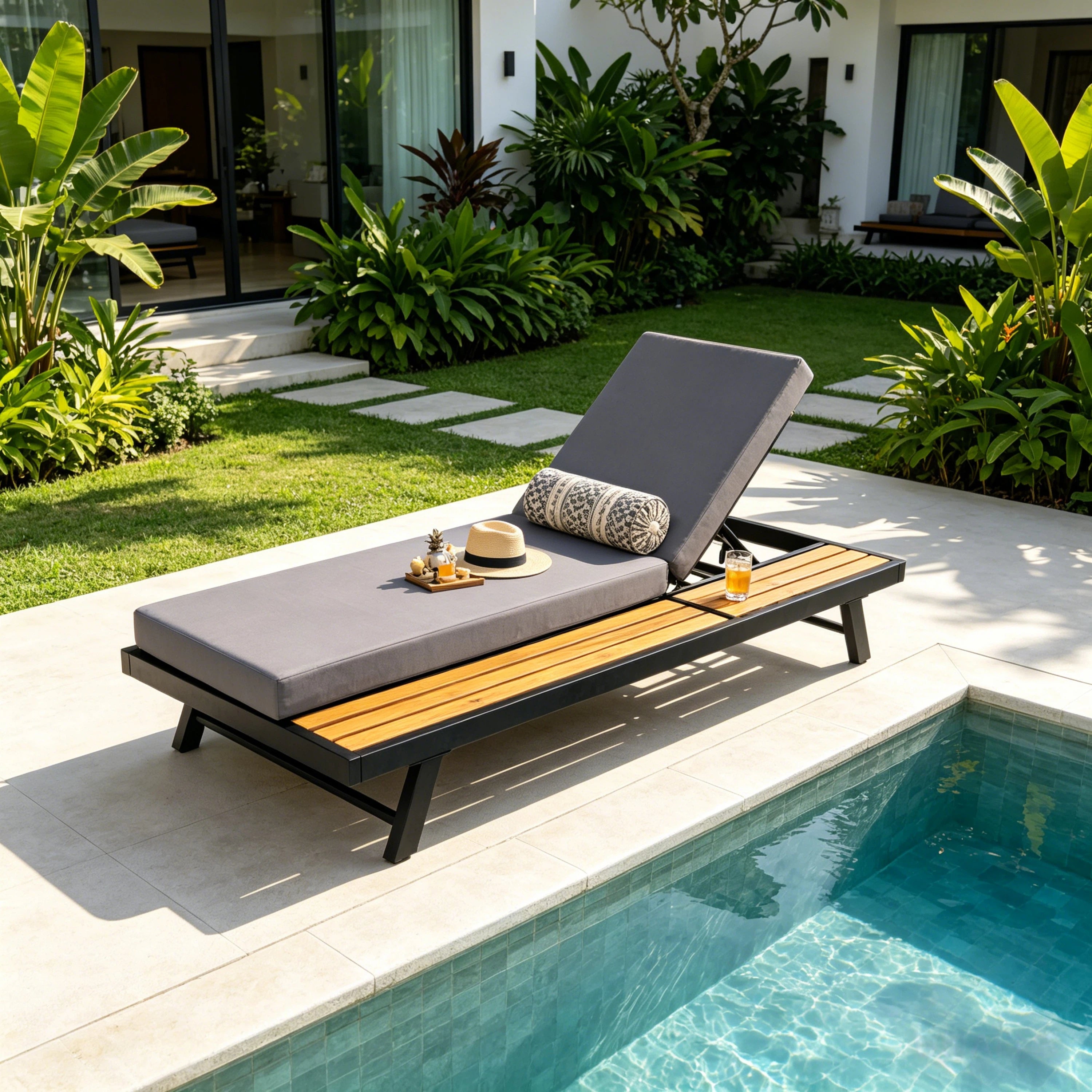 Black Iron + Teak Finish Chaise Lounge Set with Dark Grey Cushion, 400 lbs Capacity, 4' Thick 2-Fold Water-Resistant Cushion, Adjustable Backrest with Flat Storage Surface for Patio Poolside Backyard