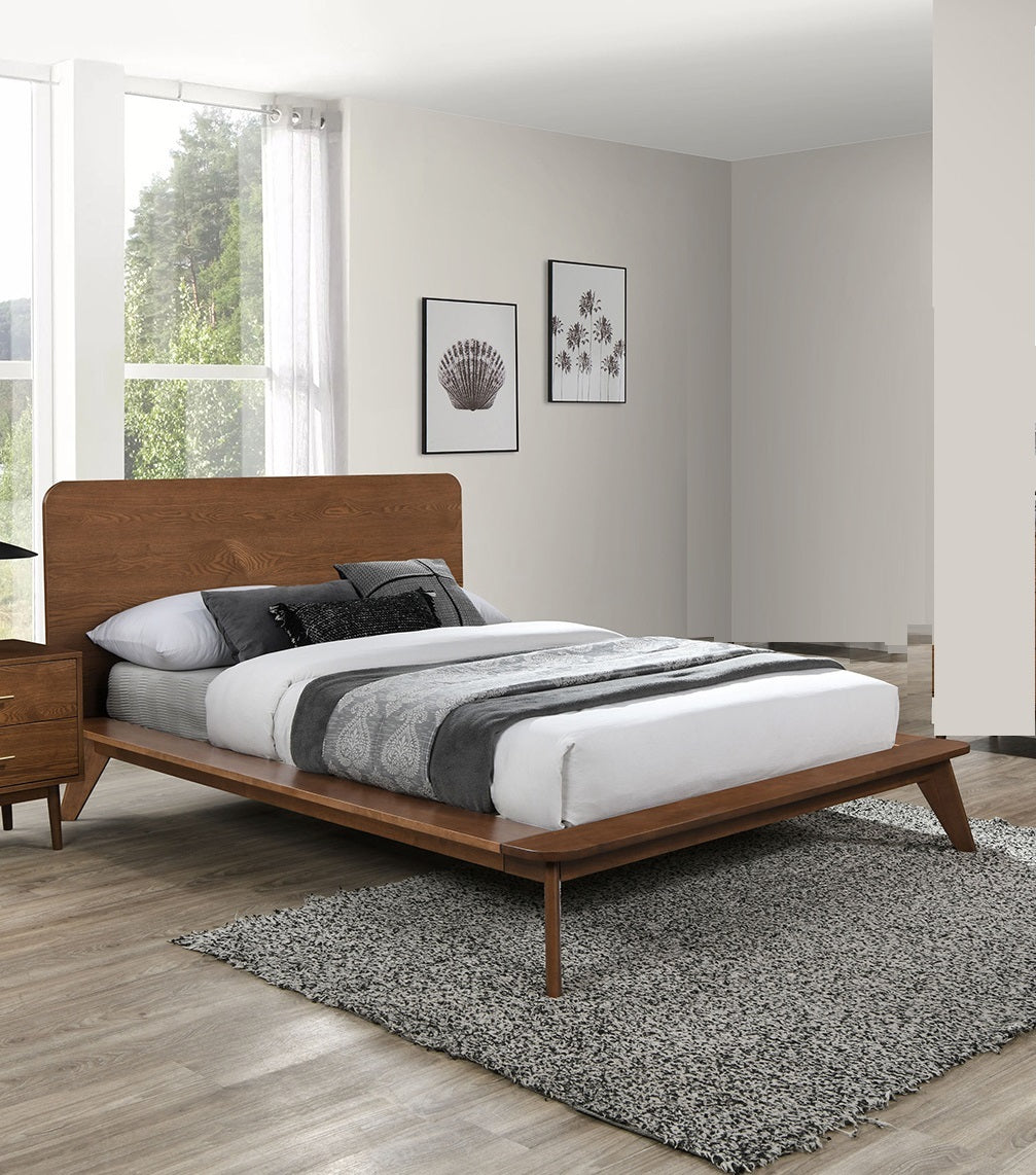 Walnut Color Eastern King Size Bed Solid wood Veneer 1pc Platform Bedframe Mattress Ready Mid-Century Modern Style