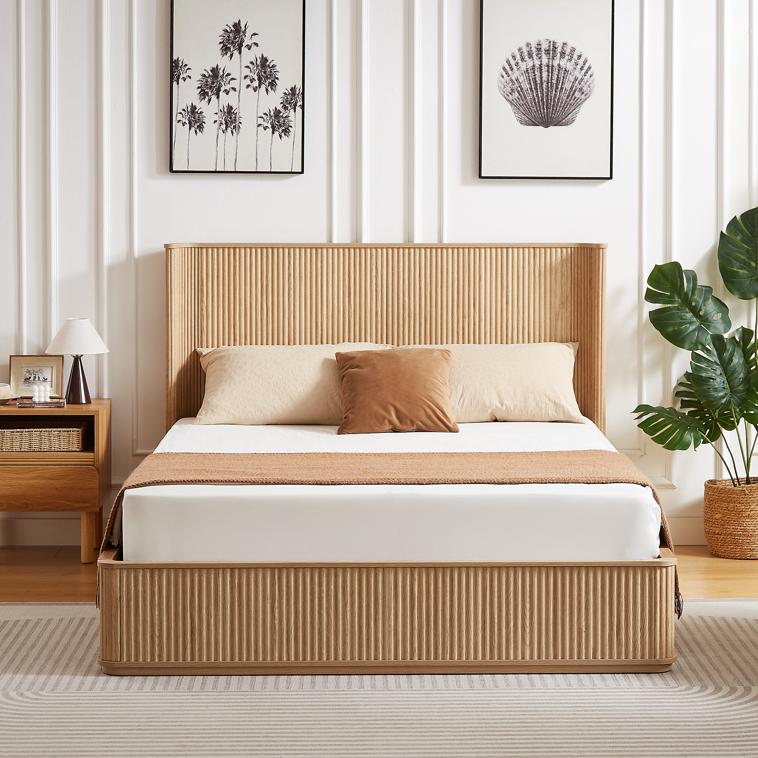 Natural Oak Corrugated Wave Wood Headboard Platform Bed frame, 44' Tall Headboard Queen Size Bed Frame, Modern Minimalist, Easy Assembly, No Box Spring Required