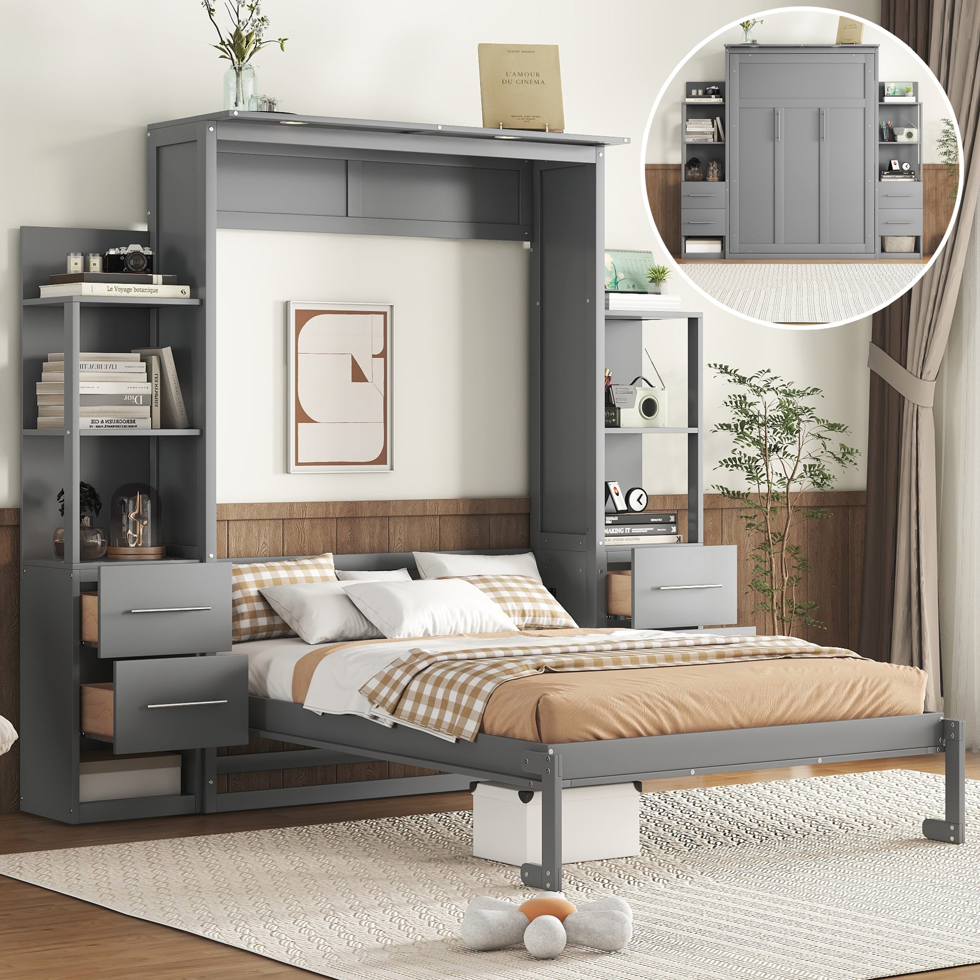 Full Size Murphy Bed Wall Bed with Shelves, Drawers and LED Lights,Gray
