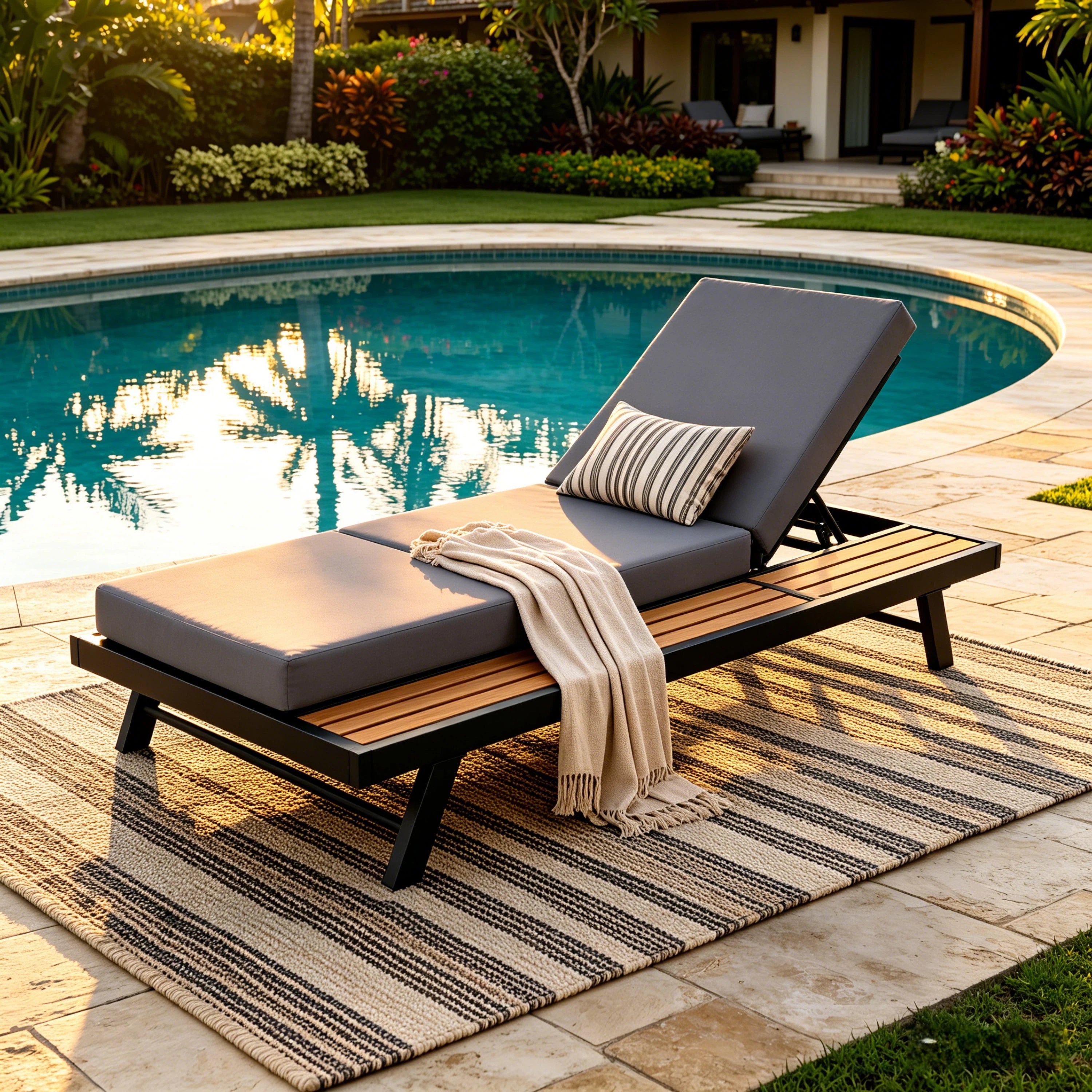 Black Iron + Teak Finish Chaise Lounge Set with Dark Grey Cushion, 400 lbs Capacity, 4' Thick 3-Fold Water-Resistant Cushion, Adjustable Backrest with Flat Storage Surface for Patio Poolside Backyard