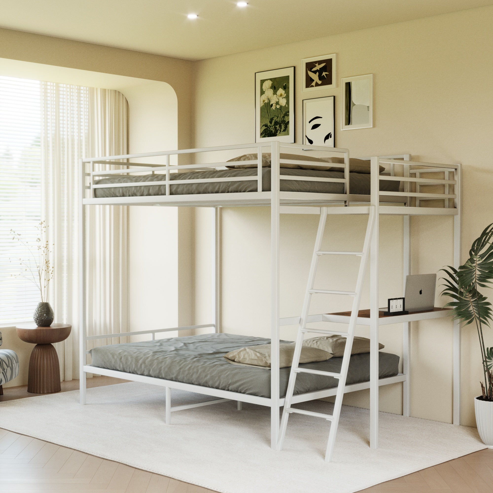 White full size bunk bed with LED light and charging socket